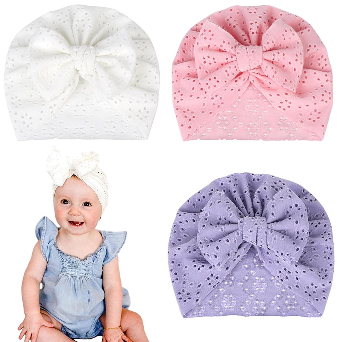 Venzina® Turban Caps for Baby Girl, 3pcs Soft Stretchy Turbans for Babies, Bow Cap for Baby Girl Boy 2-8 Months, Breathable Knotted Newborn Baby Cap Set Infant Head Cap for Baby Girl