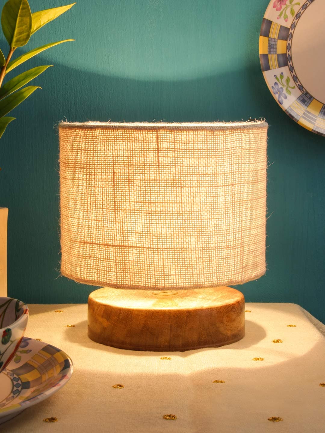 AMDHOME Jute Shade Table Lamp, Night Lamp with Wood Base (7 Inches, Color-White) for Living Room, Bedroom, Home Decor Item, Bedside & Desk Side Light Lamp, Dovel Pot | Perfect for Decoration & Gifting