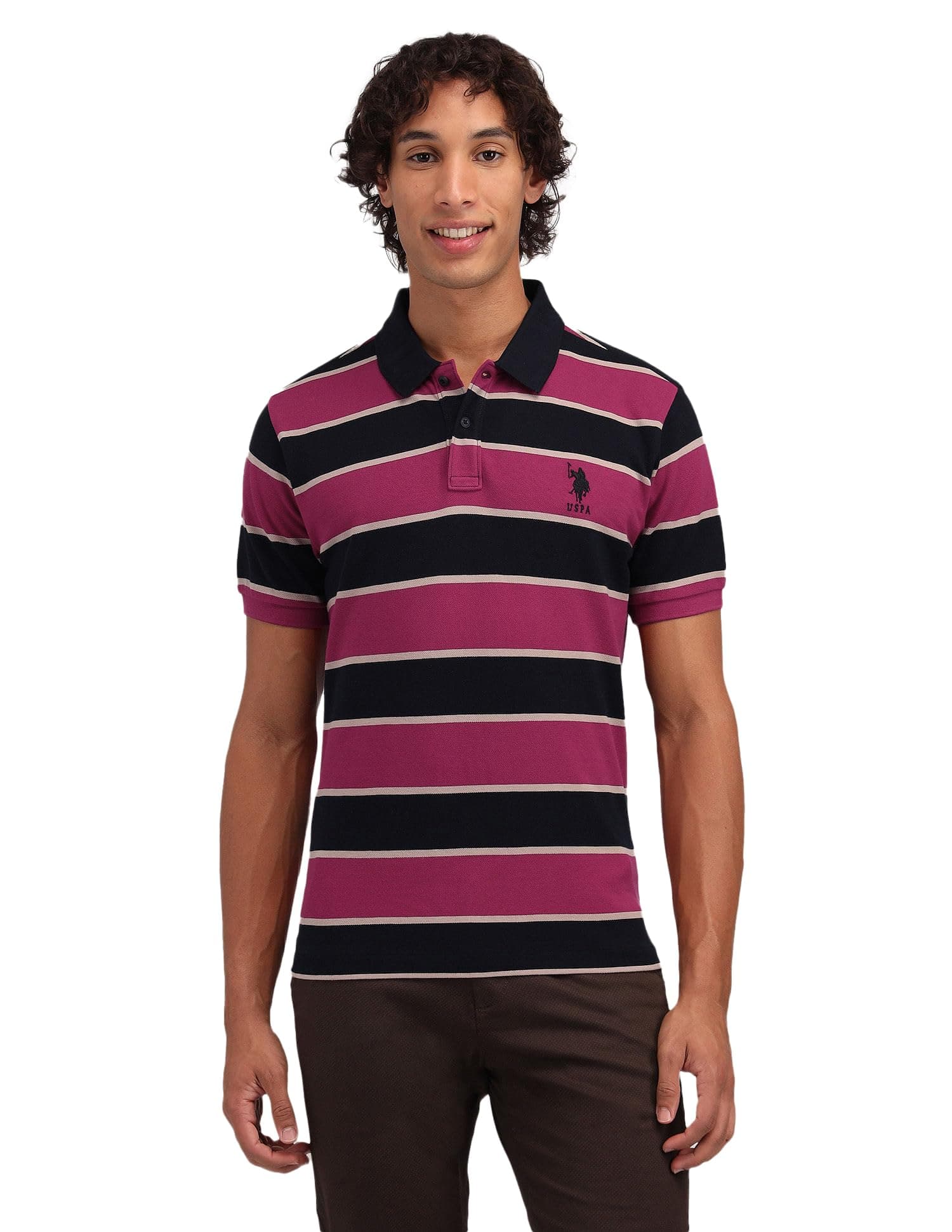 U.S. POLO ASSN. Men's Horizontal Striped Slim Fit Cotton Polo Shirt (TS024E_Wine_M)