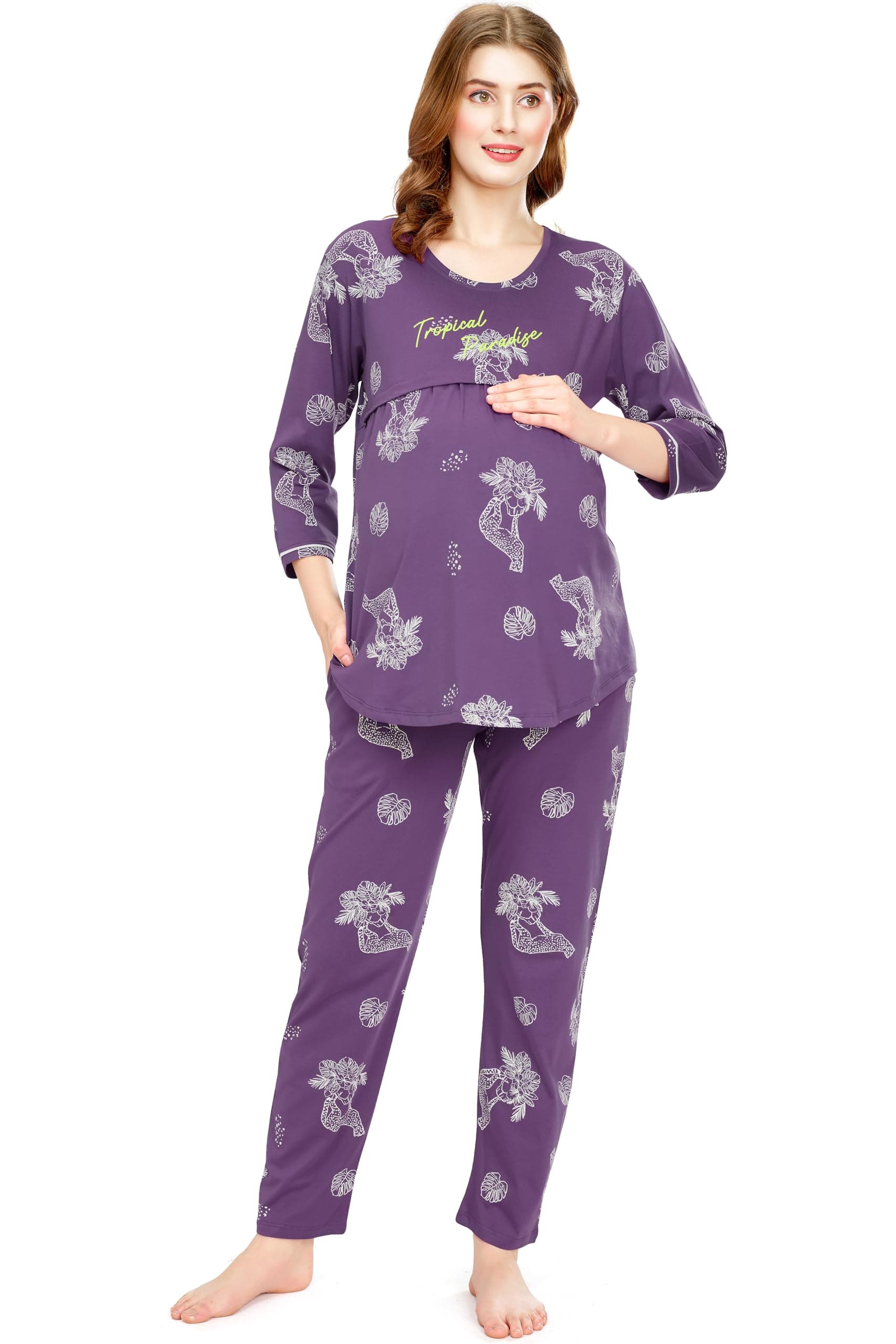 ZEYO Women's Cotton Cheetah & Floral Printed Violet Nursing & Maternity Night Suit Set of Top & Pyjama Feeding Night Dress 5805