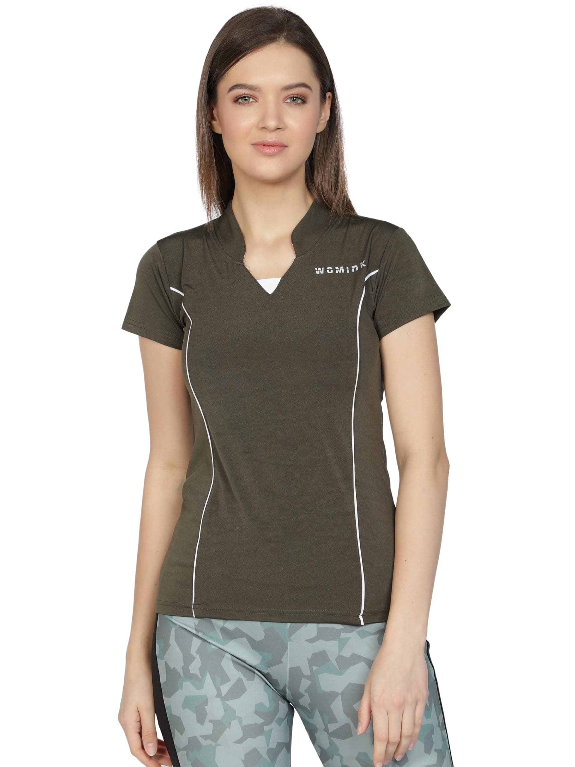 Womink Women's Sports T-Shirt I Elastane Quick Drying & Breathable I Self Design Regular Fit Mandarin Collar V Neck Half Sleeve Tees I Tshirts for Running Yoga Gym Girls & Women