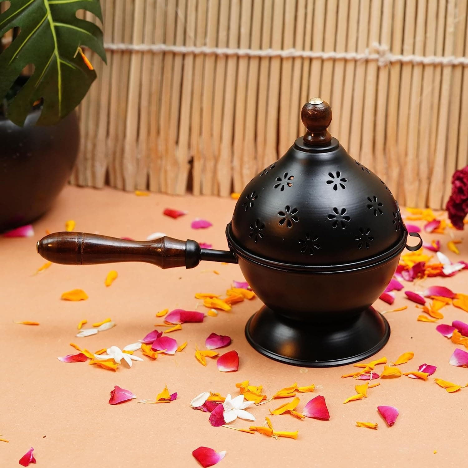 ServDharm Dhoop Dani with Handle | Incense and Loban Burner Dhuni Stand for Home, Office and Temple Pooja | Metal Dhoop Dani Antique Gold, Round, 4.4 Inch |11.4 cm