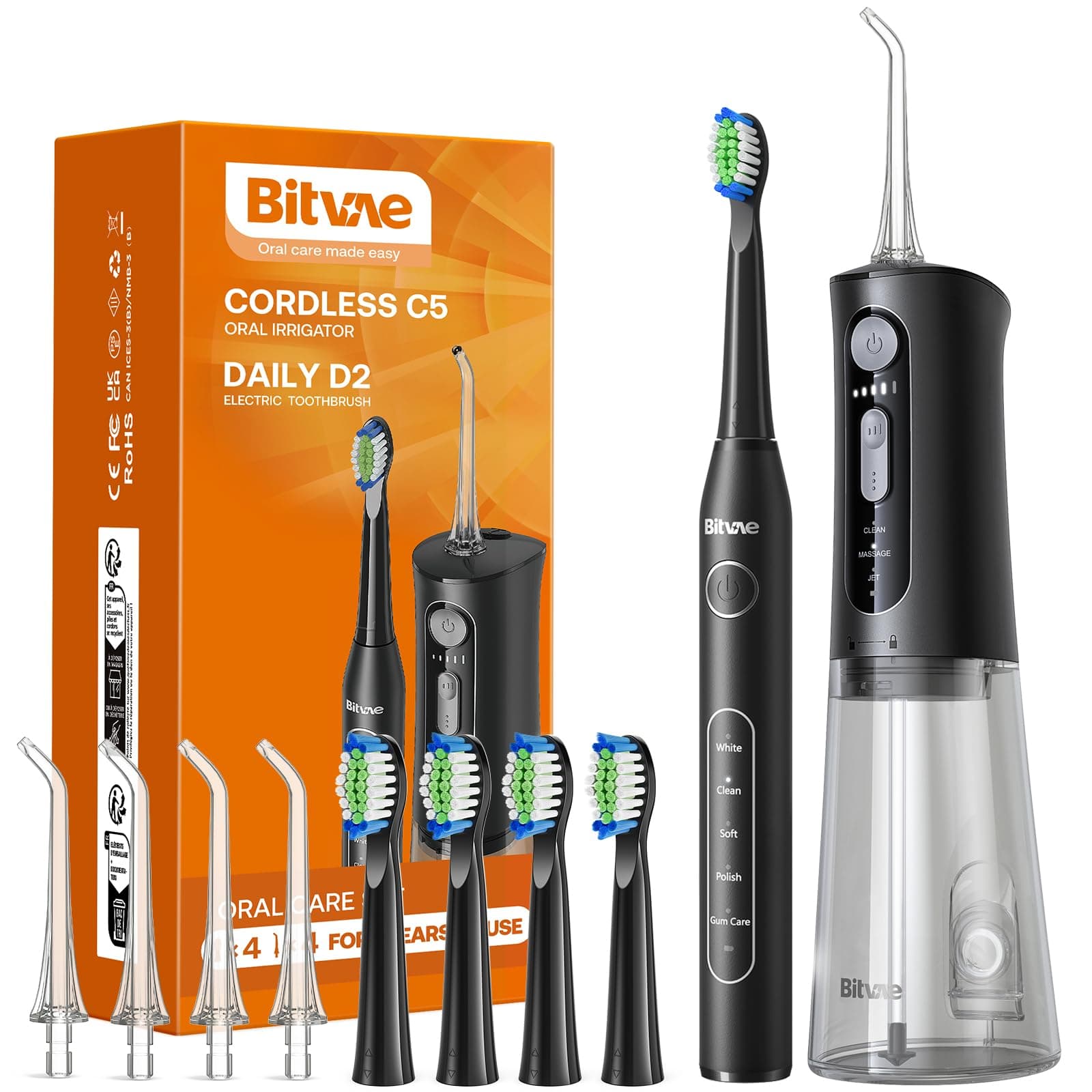 Bitvae Electric Toothbrush with Water Flosser , 4H Charge Maximum 30 Days Use , 5 Modes Sonic Electric Toothbrush , 3 Modes Cordless Dental Flosser Picks , 4 Brush Heads and 4 Water Jet Tips