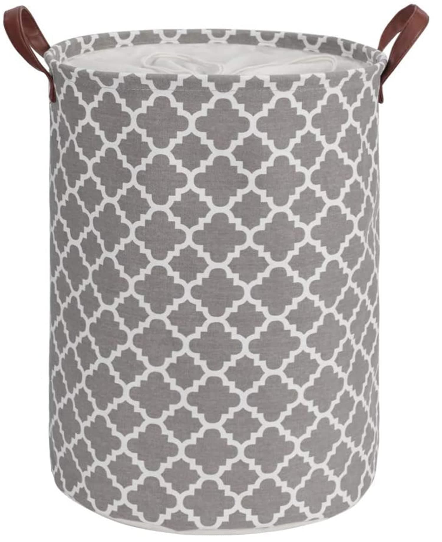 House of Quirk Thickened X-Large 72L Sized Laundry Basket with Durable Leather Handle, Drawstring Round Linen Collapsible Storage Basket, Dirty Clothes Hamper for Bedroom(Grey Diamond)