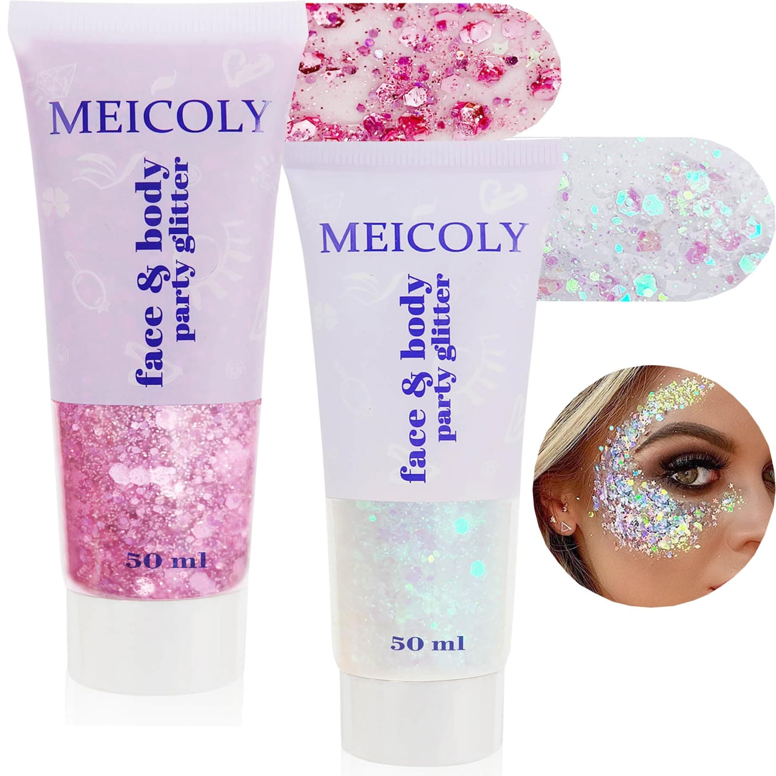 MEICOLY 2pcs Body Glitter,Mermaid Sequins Liquid Holographic Glitter Gel,Chunky Glitter Face Eye Lip Hair Nail Festival Makeup,Sparkling Body Glitter Gel for Women,100g,White+Pink