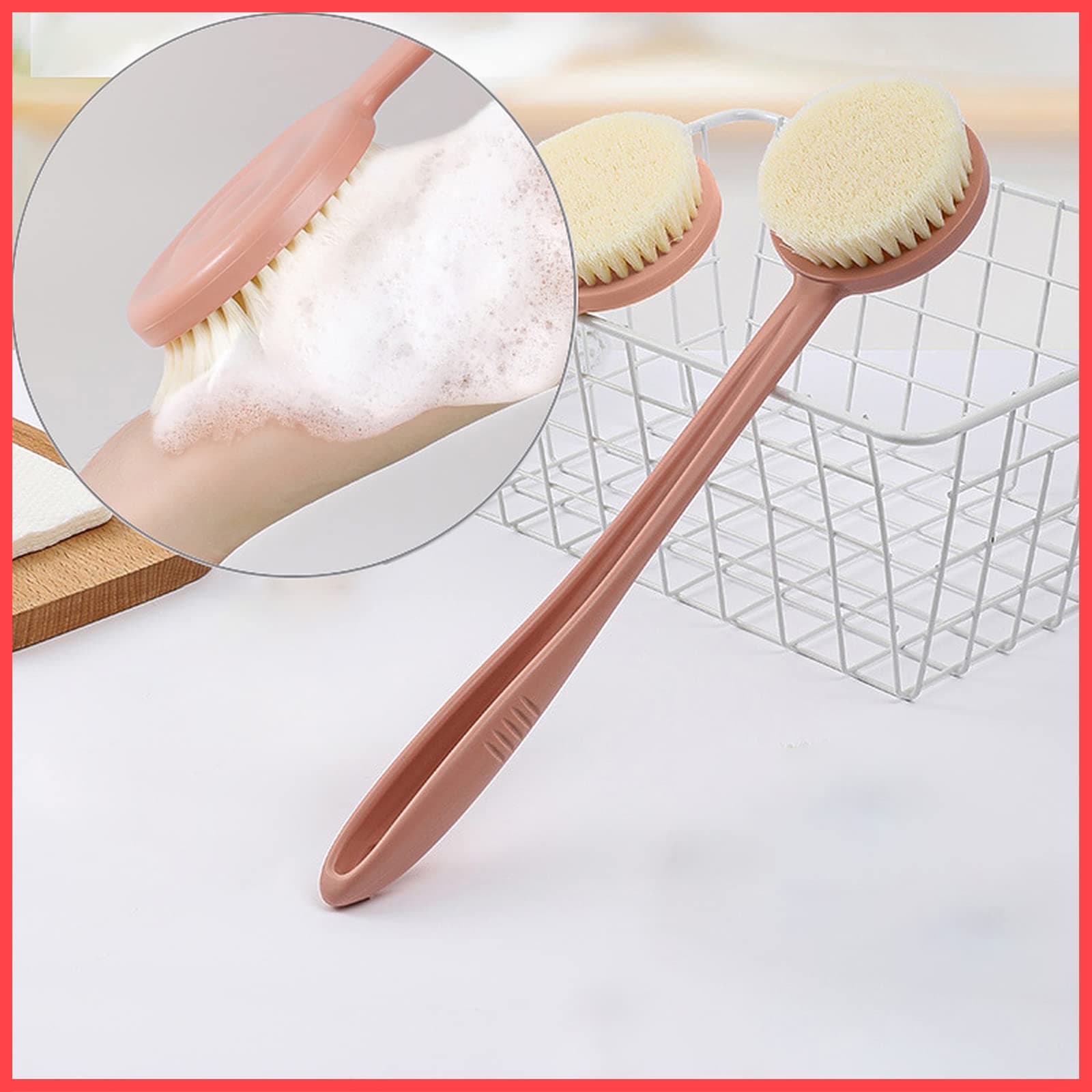 Wolpin Bath Brush Back Scrubber 1Pc - Pink | Long Handle Bathing Brush with Soft Bristles | Comfortable Body Cleaning Brush for Shower Spa | Daily Bath Accessory for Men & Women