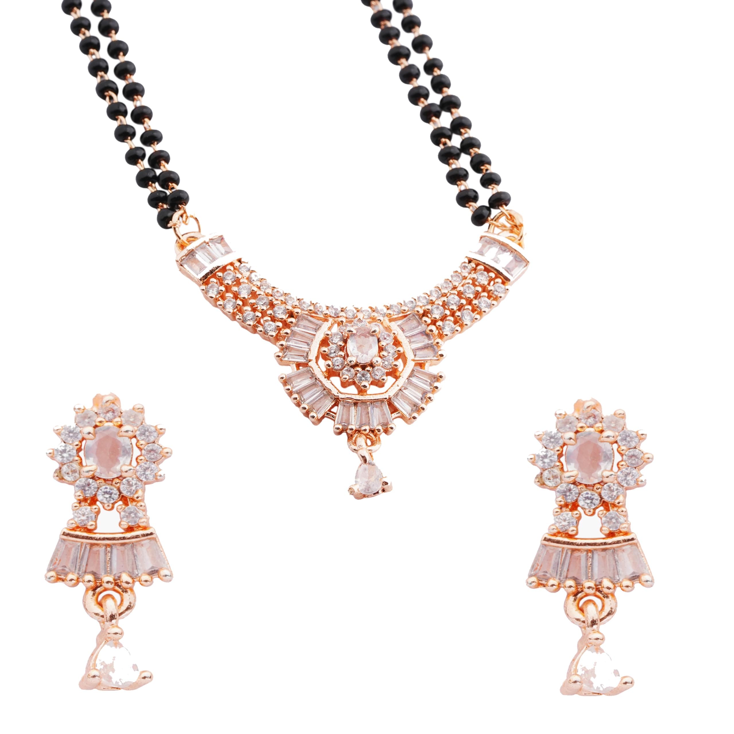 STYOLLO Rose Gold American Diamond Pendant Mangalsutra & Earrings For Women & Girls with Black Beads Chain | Stylish Women's Jewelry Sets & Tanmaniyas | Traditional Girls AD Necklace Gift