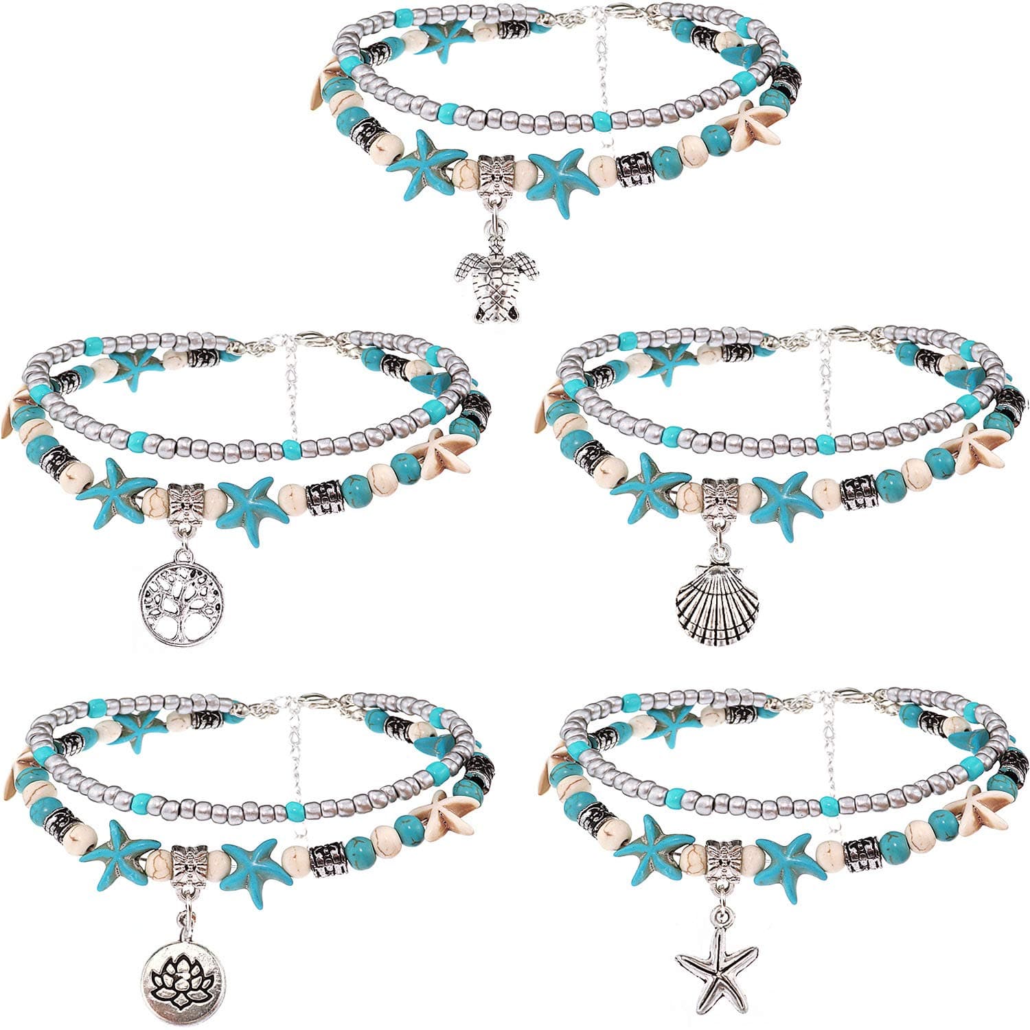 Suyi 5pcs Ankle Bracelets for Women Girls Layered Beach Adjustable Anklets Boho Chain Anklet Foot Jewelry