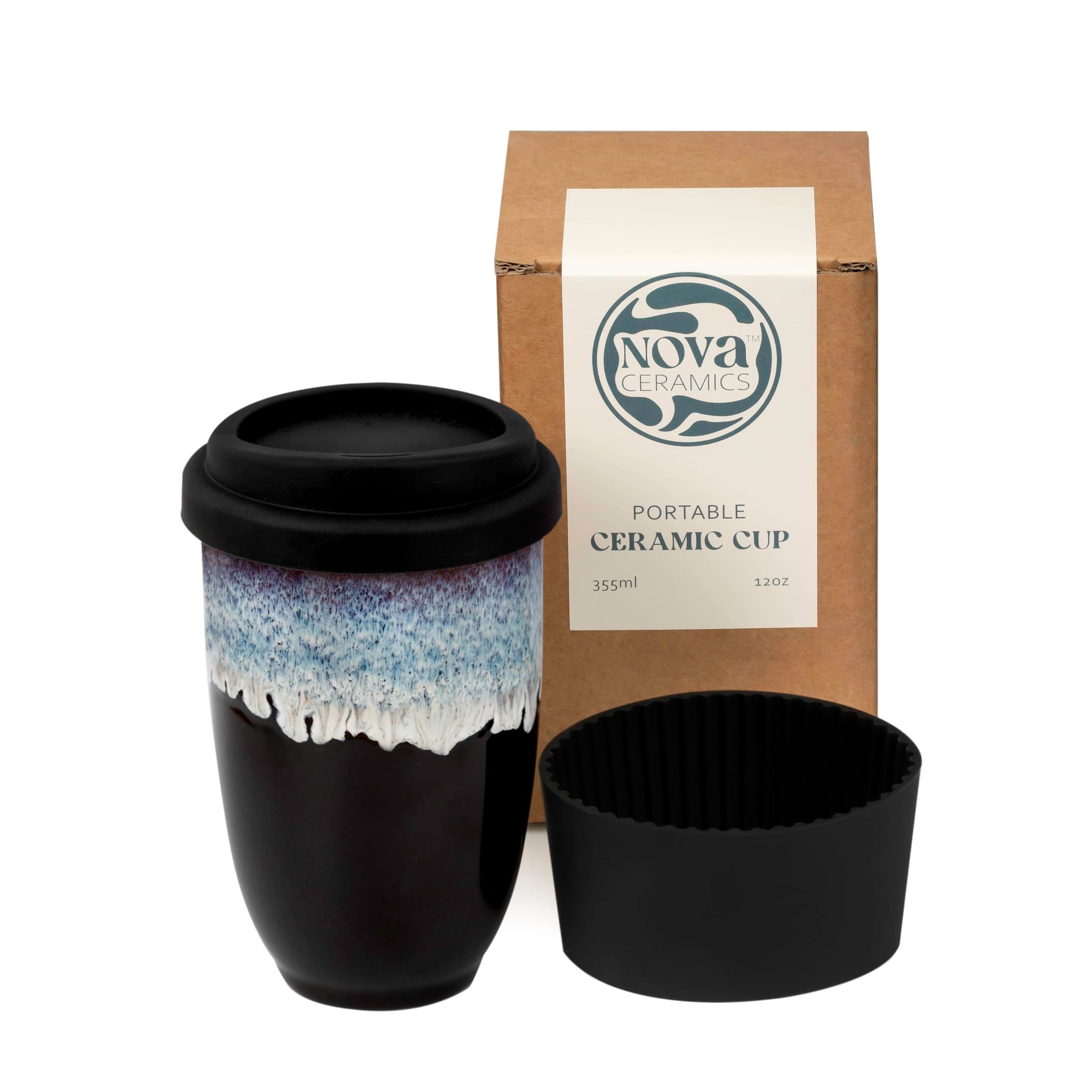 Nova Ceramics Reusable Coffee Cup, Ceramic Travel Mug with Lid and Sleeve, Portable Coffee Cup, Unique to Go Mug, Black with Running Blue Glaze, 12oz