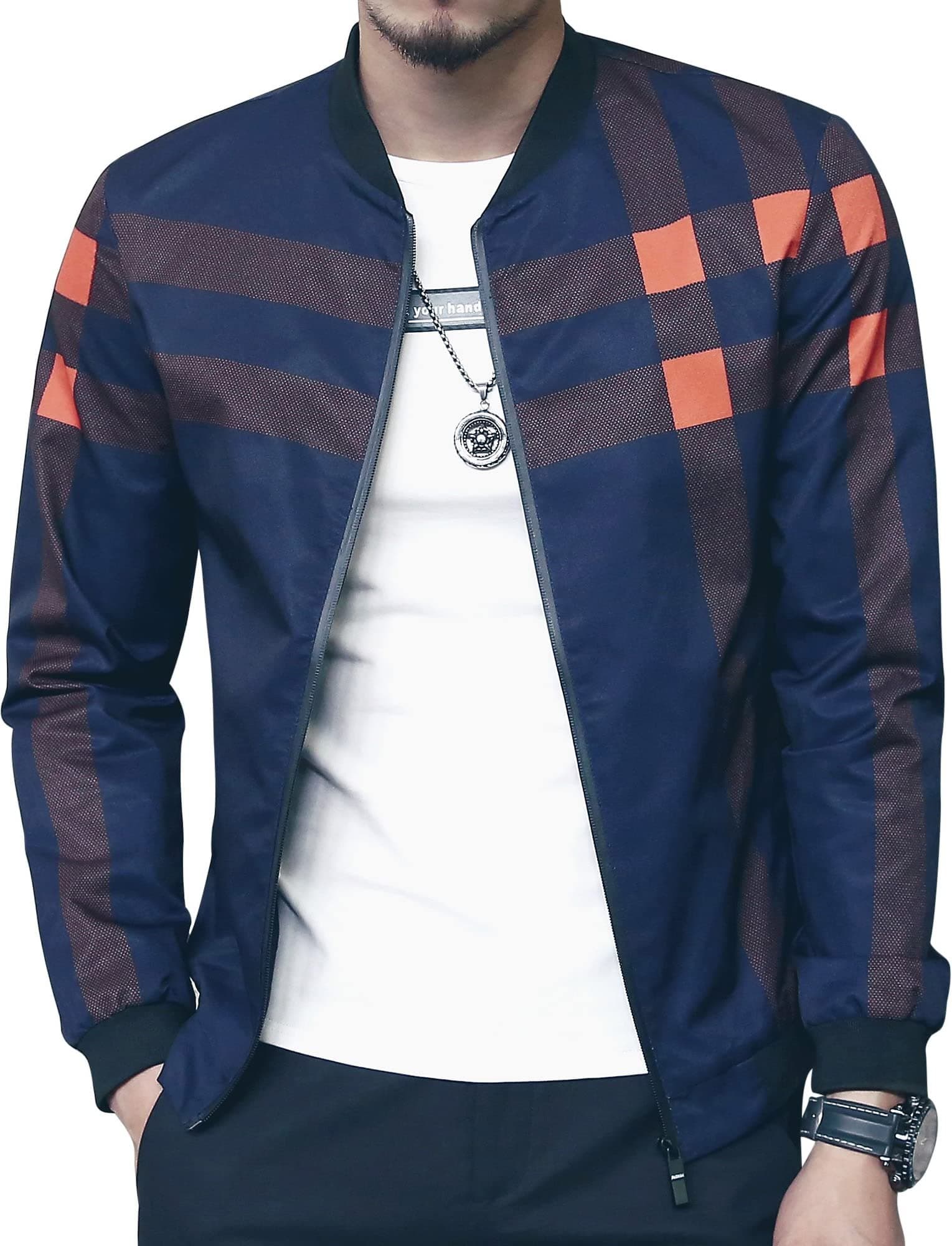 LOGEEYAR Men's Bomber Jacket Casual Slim Fit Printed Fall Winter Outerwear Coat Cool Blue