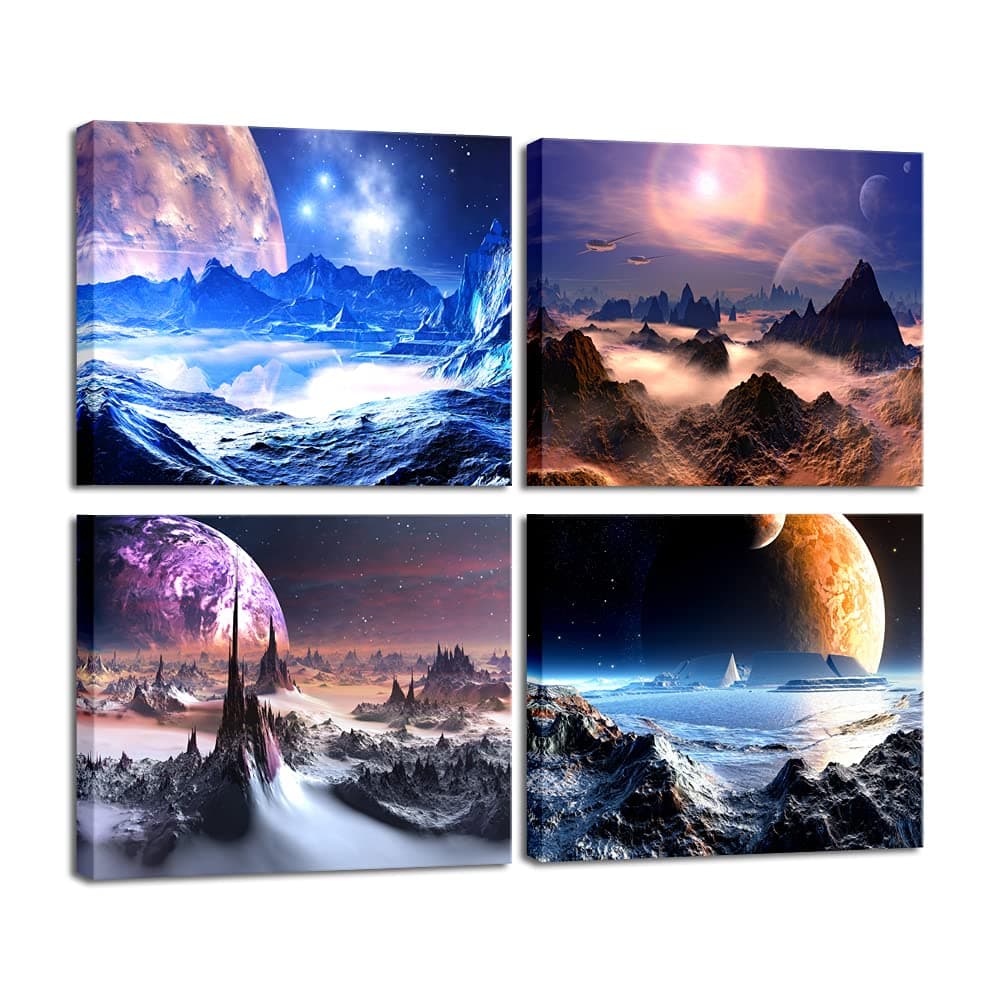 Pyradecor Fantastic Outer Space Planet Modern Abstract Artwork 4 piece Stretched and Framed HD Giclee Canvas Prints Universal Purple Pictures Paintings on Canvas Wall Art for Bedroom Home Decorations