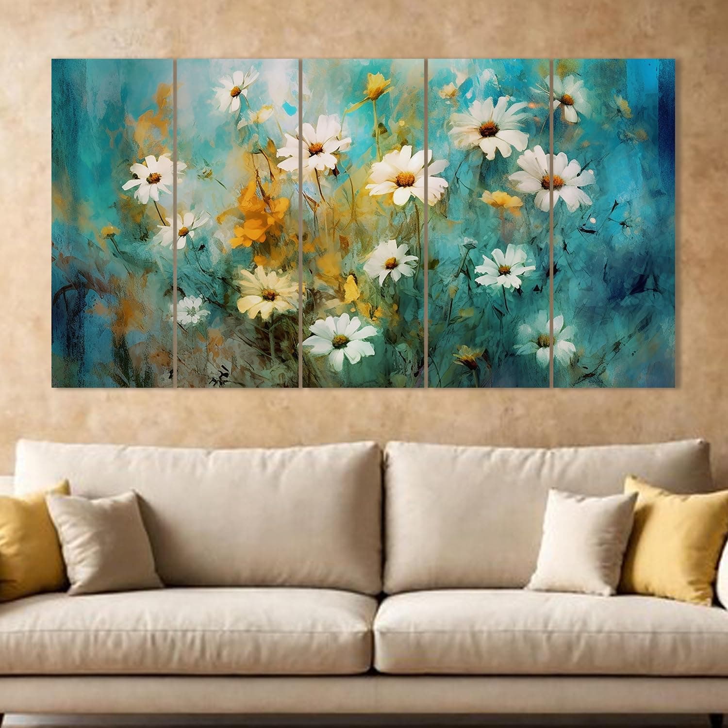PAPER PLANE DESIGN Vibrant Floral Large Painting for Wall Decoration | 5-Panel Art for Home & Office | 27 x 50 Inches Wall Art | Home Decor | Office Décor