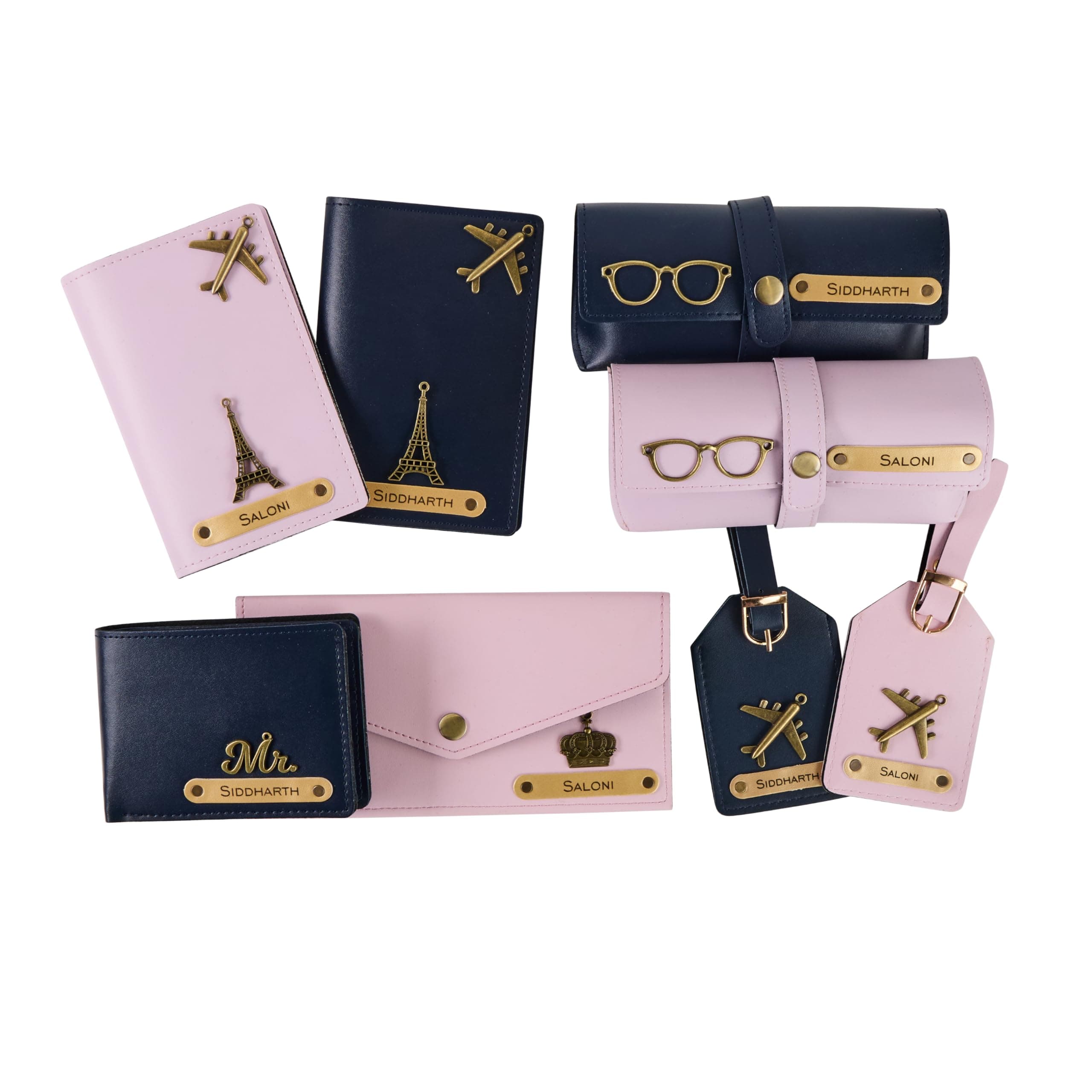 AICA Personalised Name, Charm & Color Couple Leather Wallet 8Pcs Gift Set for Men & Women |Marriage Wedding Gift for Couples Friend Husband Wife,Brown