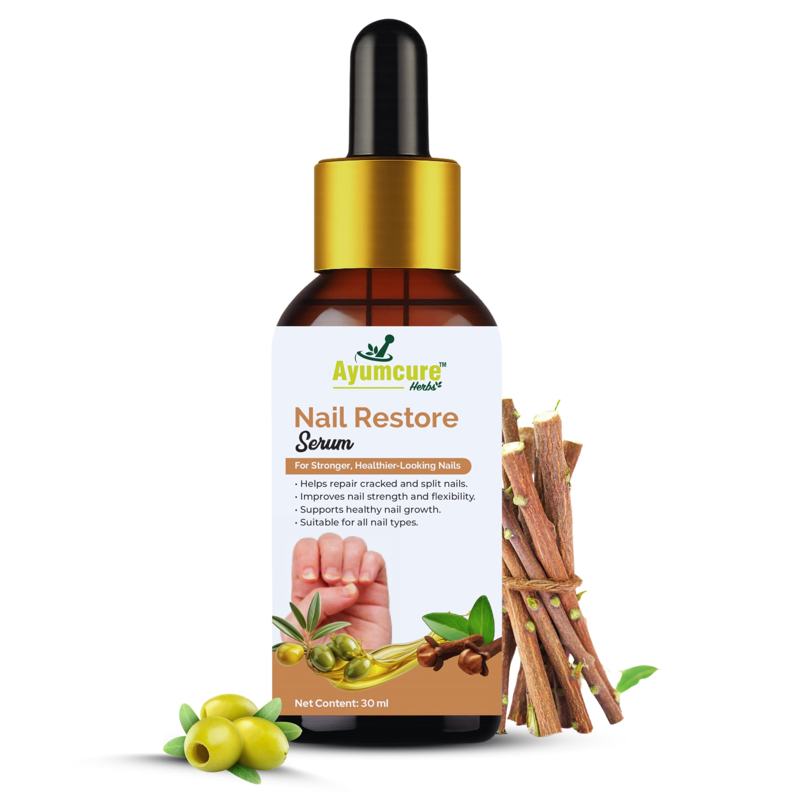 Ayumcure Nail Restore Serum 30ml for Weak & Brittle Nails | Repairs Split & Cracked Nails | Herbal Nail & Cuticle Care with Neem, Turmeric, Tea Tree & Vitamin E