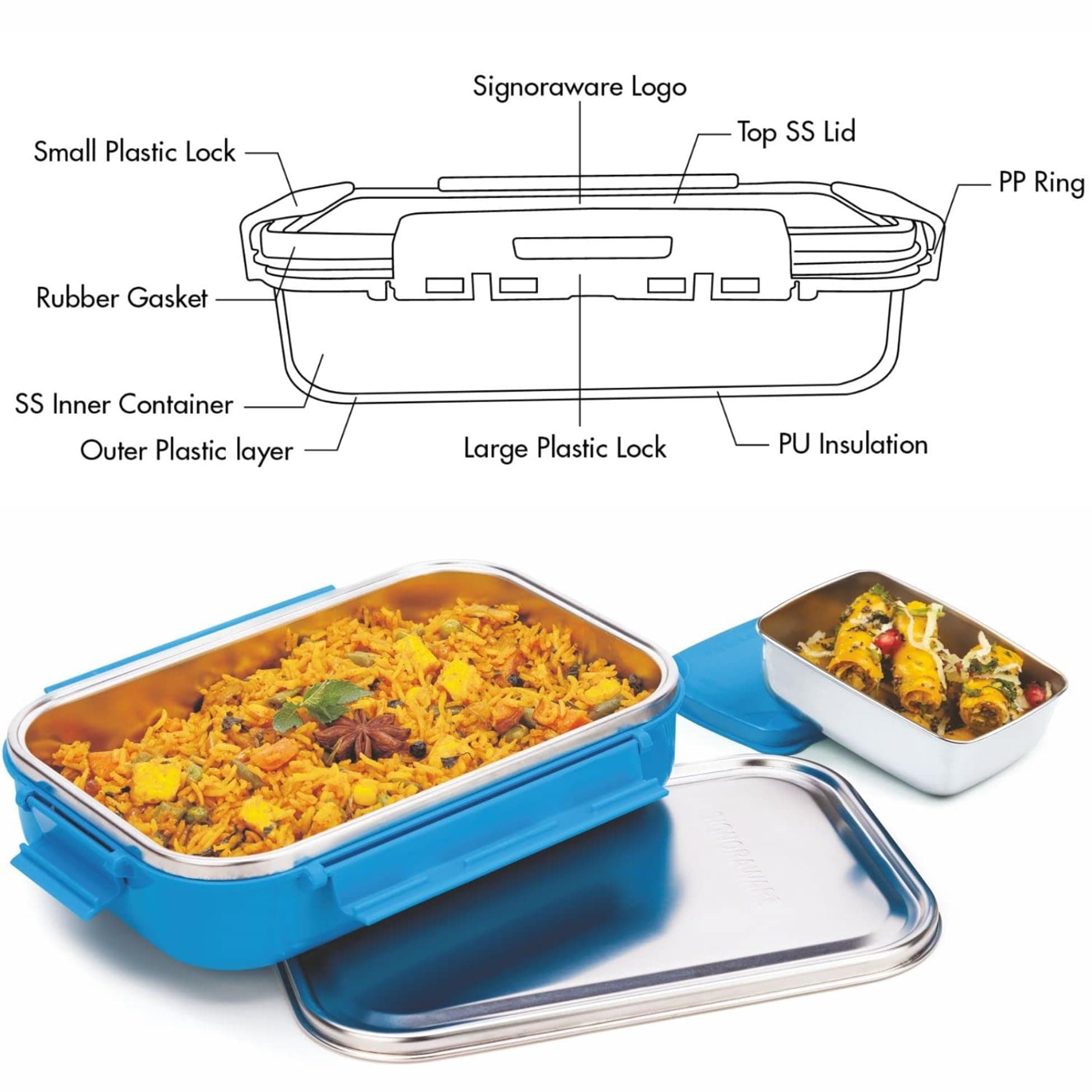 Signora Ware Health Bud Big Stainless Steel Lunch Box with Steel Lid (with Insulation Puffing) and Small Handy Steel Container with Leakproof Plastic Lid, 1000Ml + 150Ml, Blue, Set of 2