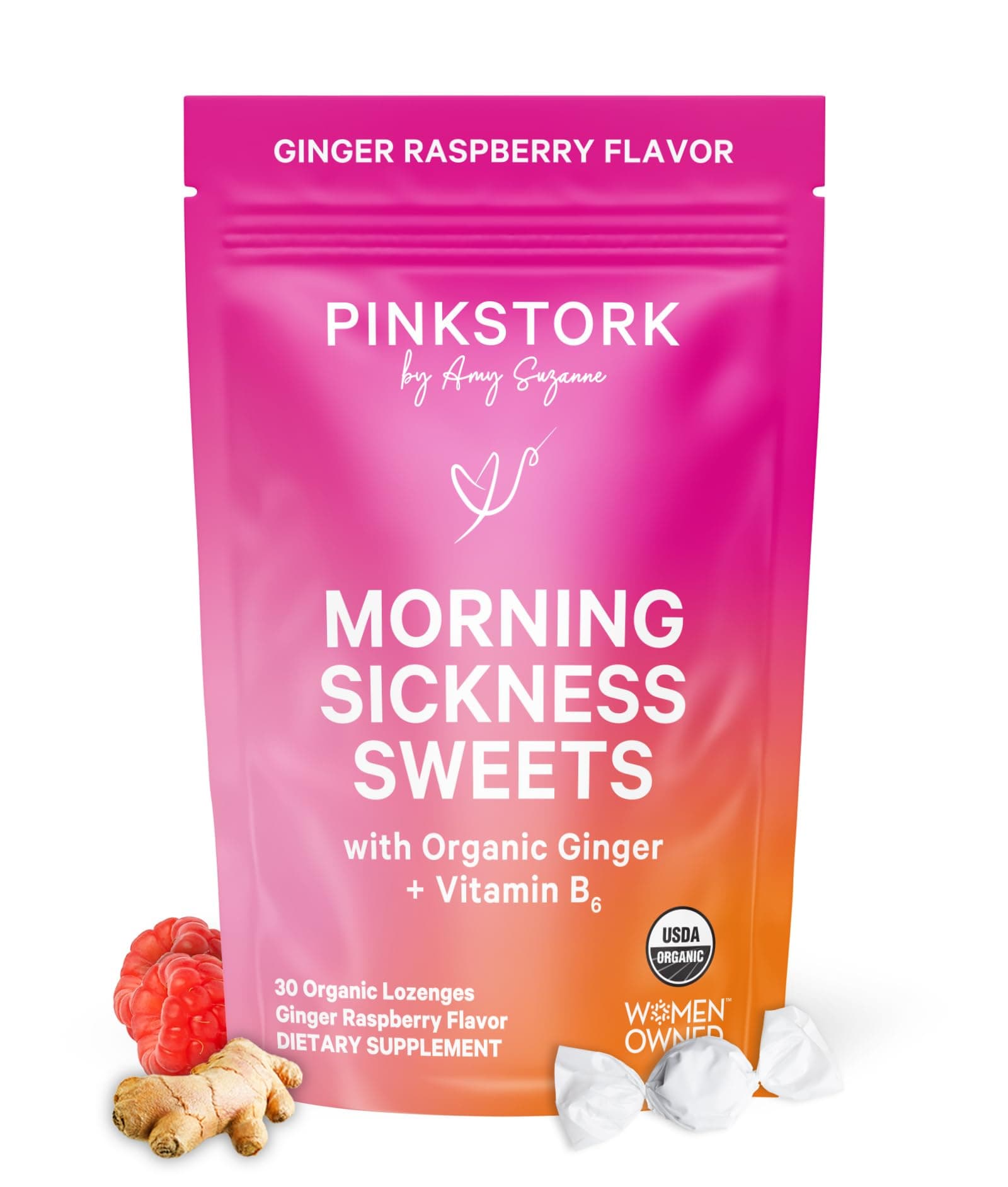 Pink Stork Morning Sickness Candy: Ginger Raspberry Flavor, -USDA Organic Hard Candy + Vitamin B6, -Relieves Nausea, -Gluten-Free, Non-GMO and Preservative Free, -30 Individually Wrapped Candies