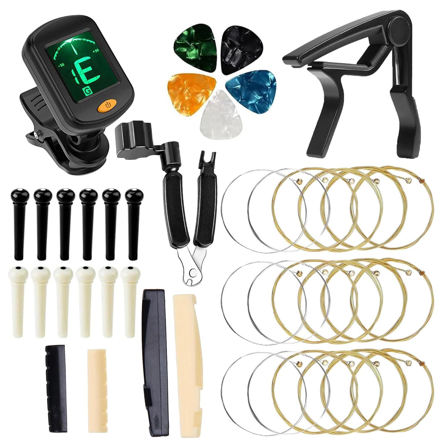 IMAGINEA Acoustic Guitar Accessories Tool Kit Including 3 Guitar Strings, Tuner, Capo, 3 in1 Resetting Winder Tool, Bridge Pins, Guitar Nuts Saddle (Black and White) & 5 Picks