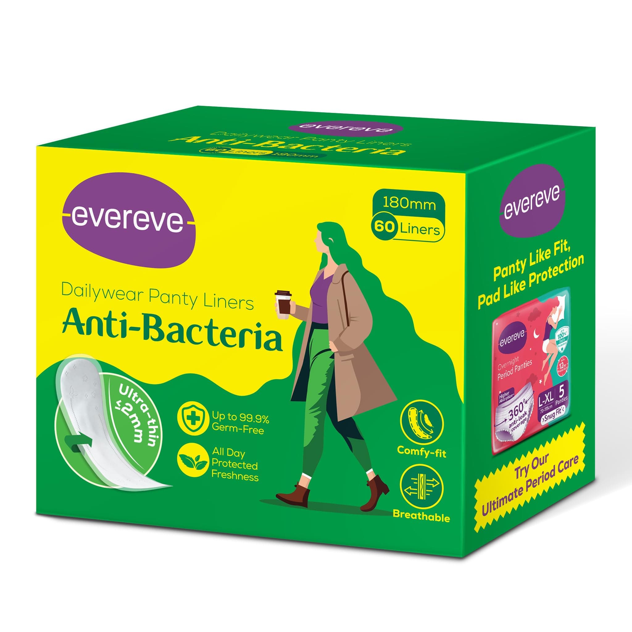 ​Evereve Anti-Bacterial Panty Liners for Women, 180mm Pack of 60, Ultra-Soft Breathable, Up to 99% Germ-Free Protection, Ideal for Discharge & Spotting, Daily Freshness and Rash-Free Comfort