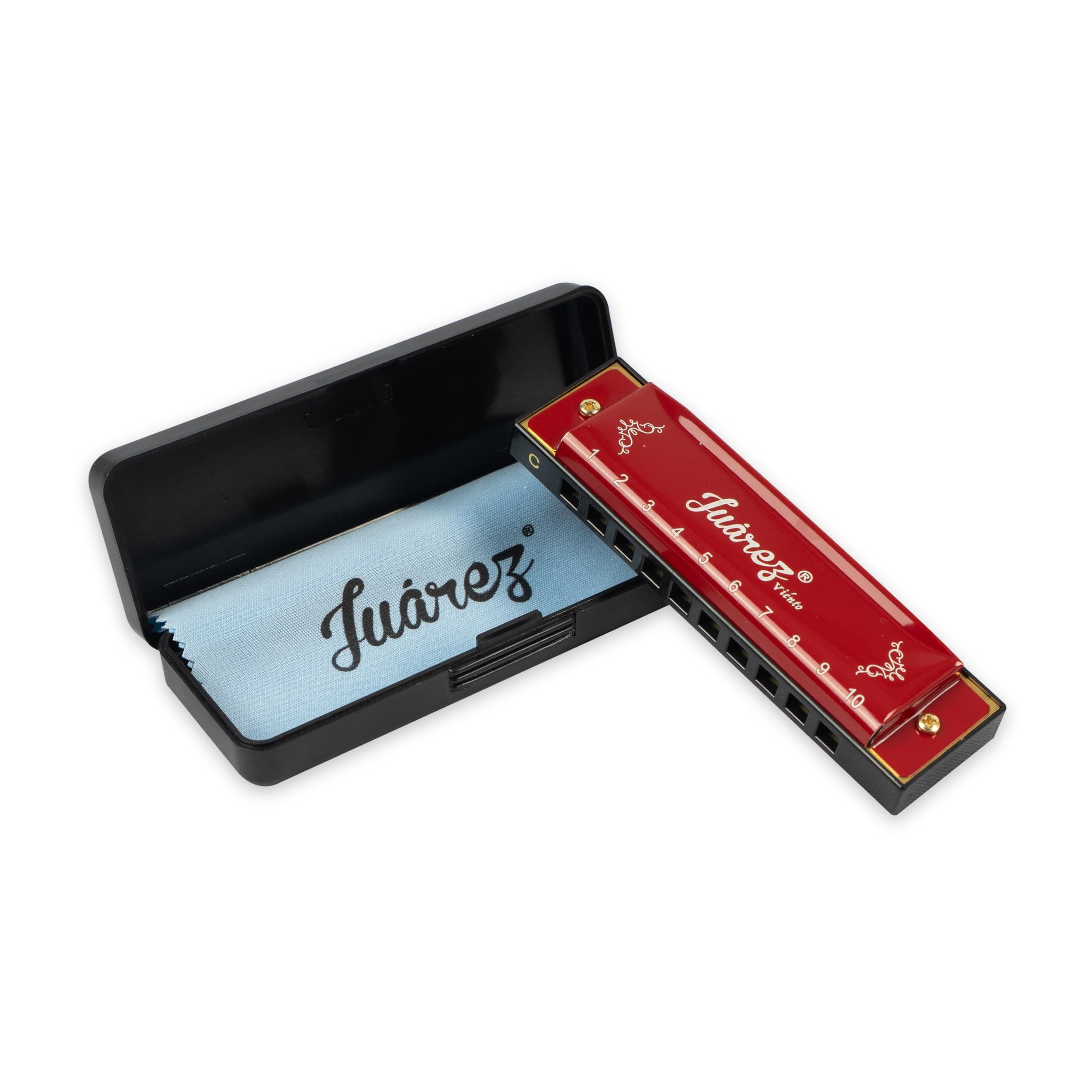 Juarez Key C Diatonic Blues Harmonica 10 Hole 20 Tones with Case & Cleaning Cloth | Phosphor Bronze Reeds, ABS Comb | Mouth Organ for Beginners, Kids, Students & Professionals, Red