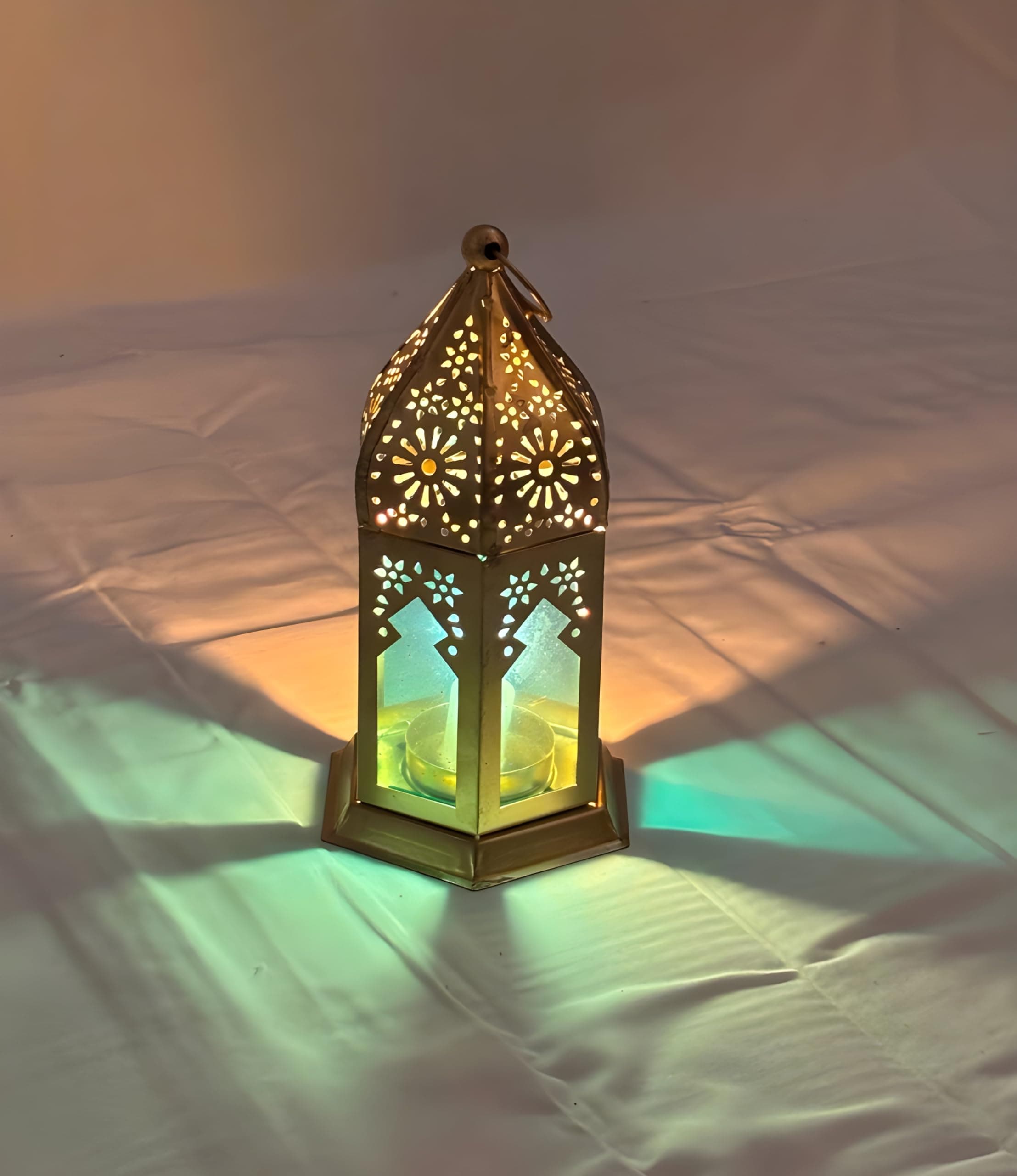 K.N Creation Moroccan Iron Hanging Lantern Tealight Candle Holder with Colored Glass Decor lamp Light | Hanging Decoration Items, Ramadan, Diwali, Eid Decorations Items for Home Decor, Pack of 4