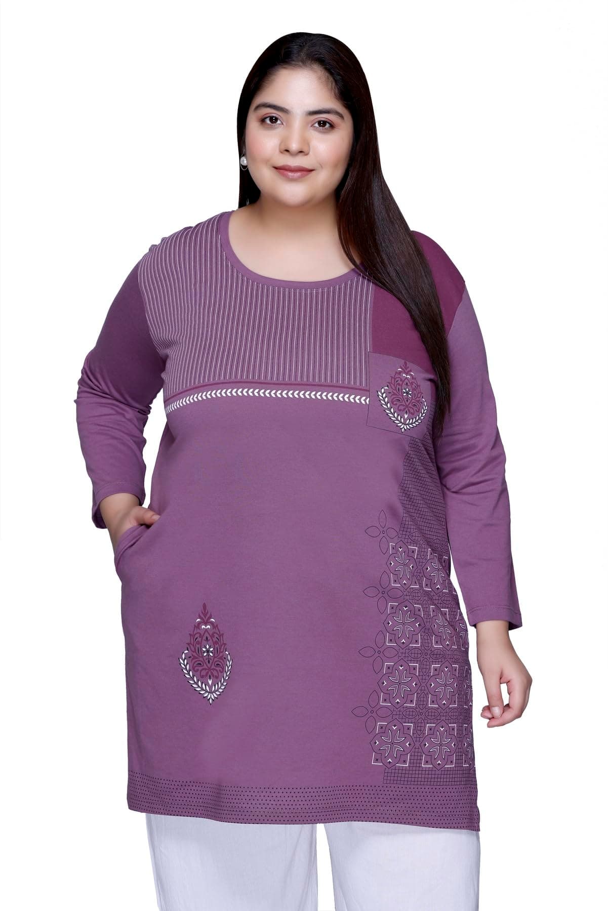 RYSH Women's Plus Size Printed Long Top | Round Neck | Full Sleeve | Relaxed Fit Casual Tunic | Falsa 1 | 2XL