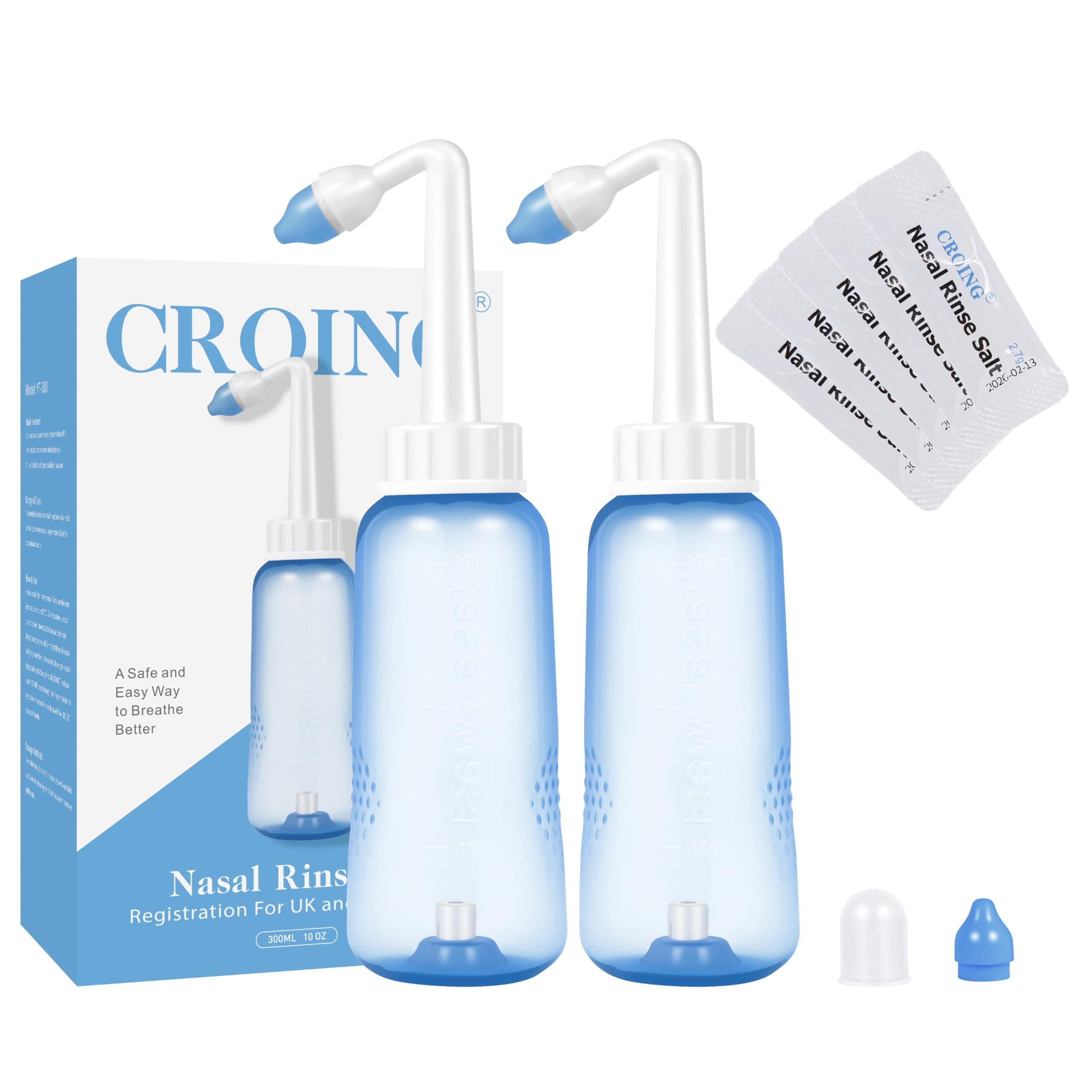 CROING 40 x Sinus Rinse Salt + 2X Neti Pot (300ML), Nasal Rinse Kit, Nose Wash Cleaner Rinse Nasal Irrigation Nasal Wash (2pcs Bottle (300ml)+40 Packets Salt)