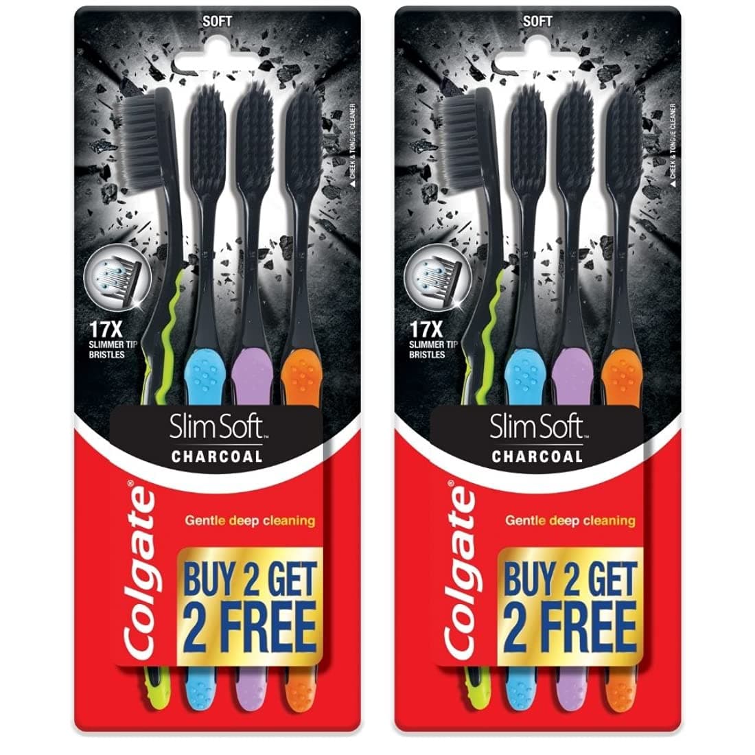 Colgate SlimSoft Charcoal Soft Black Bristles Toothbrush, 8 Pcs (Buy4 Get 4), Soft Bristles for Gentle Deep Cleaning