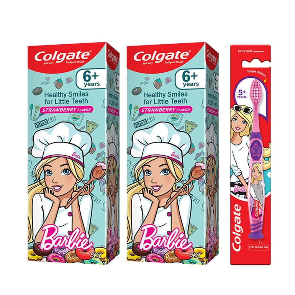 Colgate Anticavity Kids Barbie Toothpaste (6+ years), Strawberry flavour Â€Â“ 80g (Pack of 2) with Colgate Barbie Toothbrush - 1 Pc