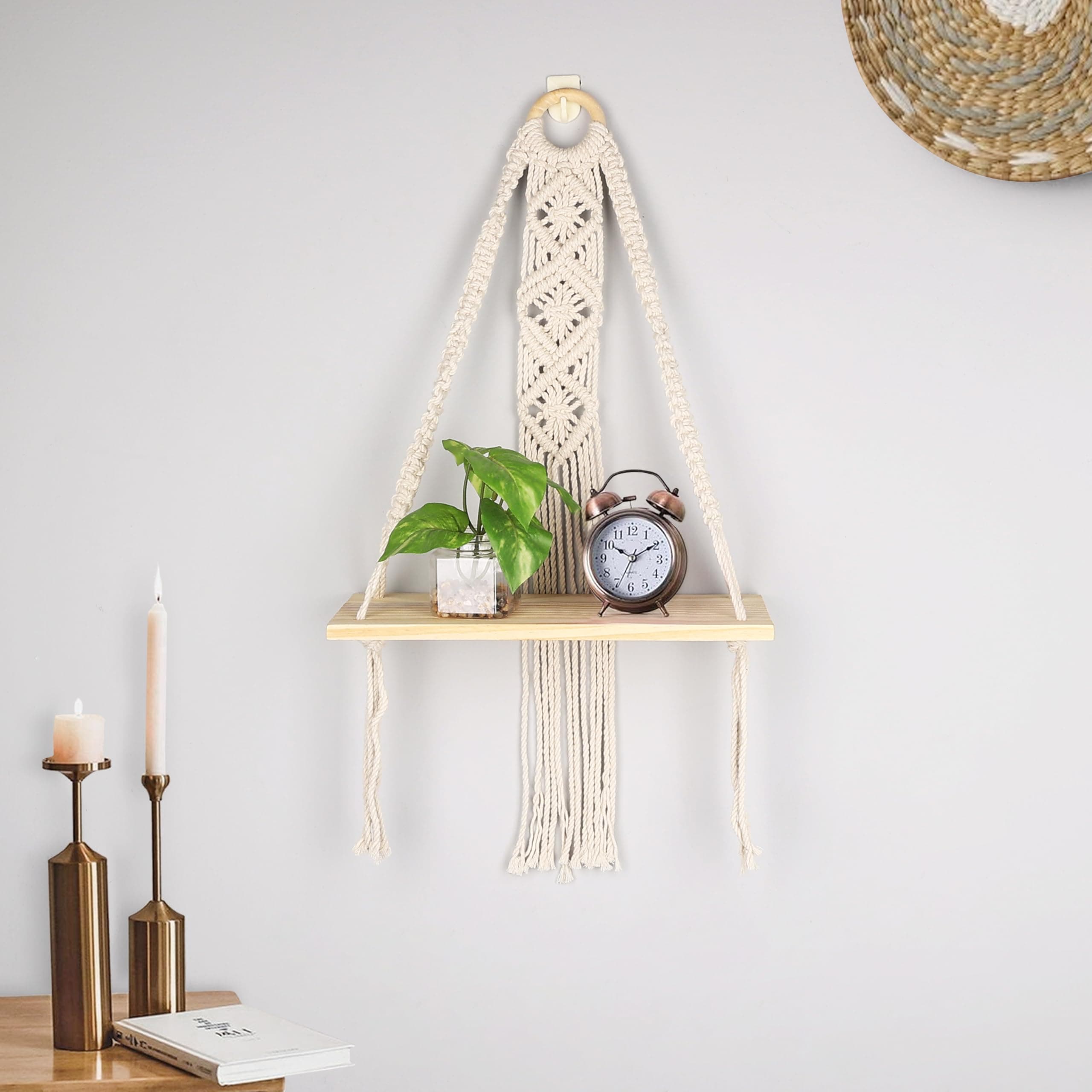 LOVE N BEYOND Macrame Indoor Wall Hanging Floating Shelves for Wall Decor with Real Pine Wood Dowel Hand Woven Bohemian Decor for Apartment Dorm Bedroom Living Room Nursery Beige 60 x 30cm