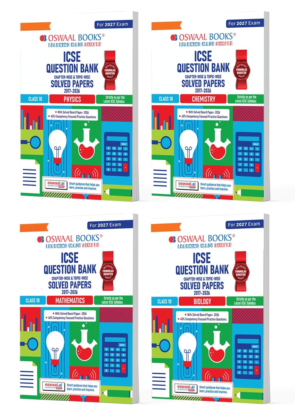 Oswaal ICSE Question Bank Class 10 Physics, Chemistry, Maths& Biology (Set of 4 Books) For 2027 Board Exam | Chapter-wise& Topic-wise |with Competency-focused Questions | Latest Syllabus& Exam Pattern