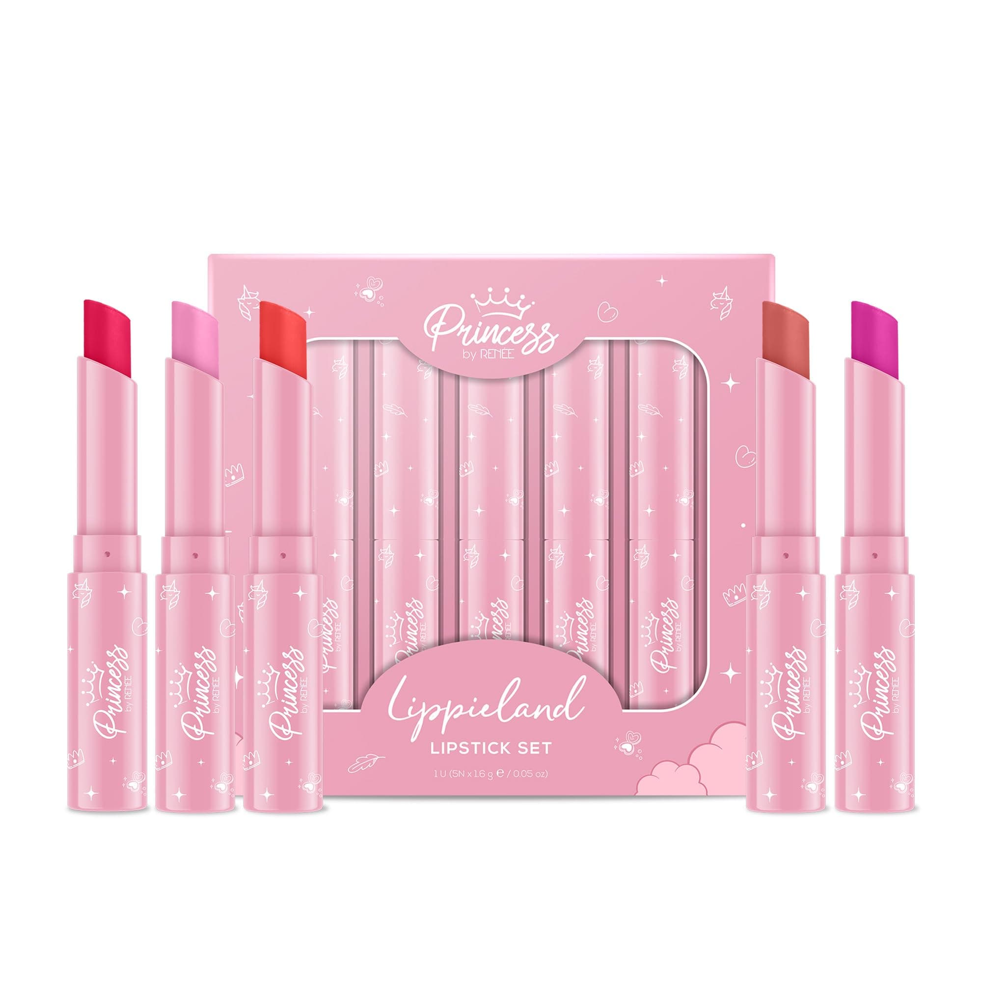 Princess by RENEE Lippieland Lipstick Set Of 5 For Kids & Preteens | Creamy Texture, Subtle Shine | Buildable Pigment, With Coconut Oil & Shea Butter | Moisturizes & Nourishes Lips | 5 x 1.6g