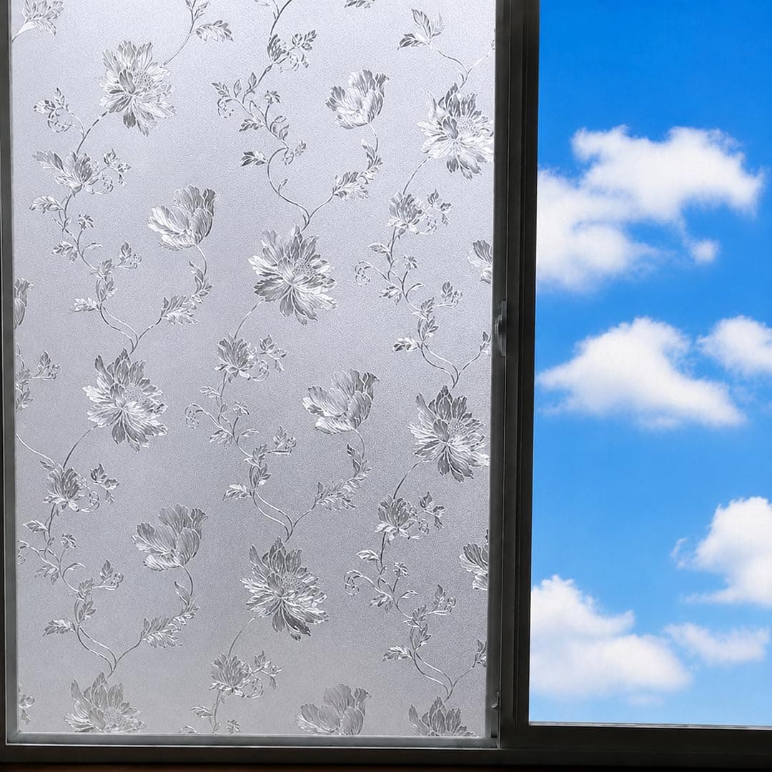 CVANU Premium Botanical Frosted Glass Covering Privacy Window Film, Self Adhesive Waterproof Vinyl Sticker for Glass Doors, Windows, Bathroom & Office Use (12 x 50 Inch)