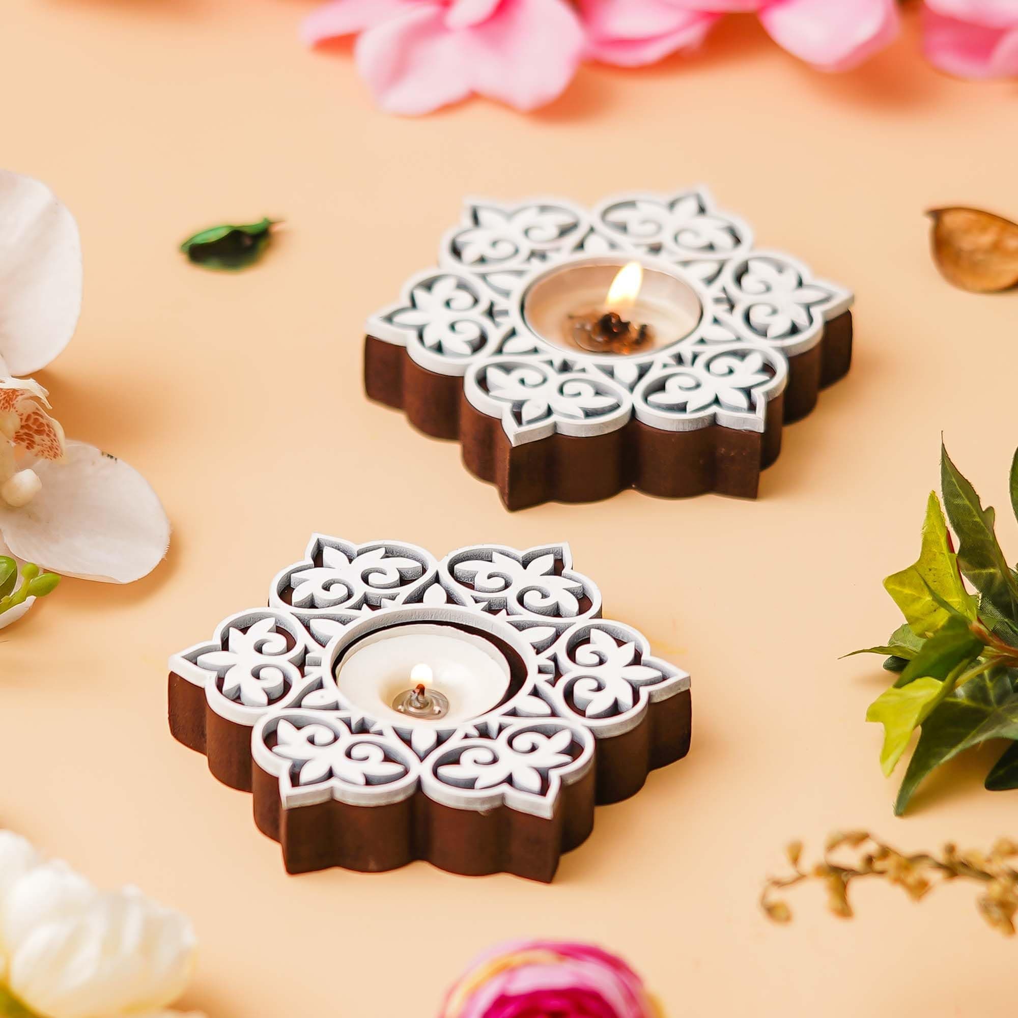 eCraftIndia Wooden Floral Printing Block Decorative Tea Light Candle Holders, Diya Stands