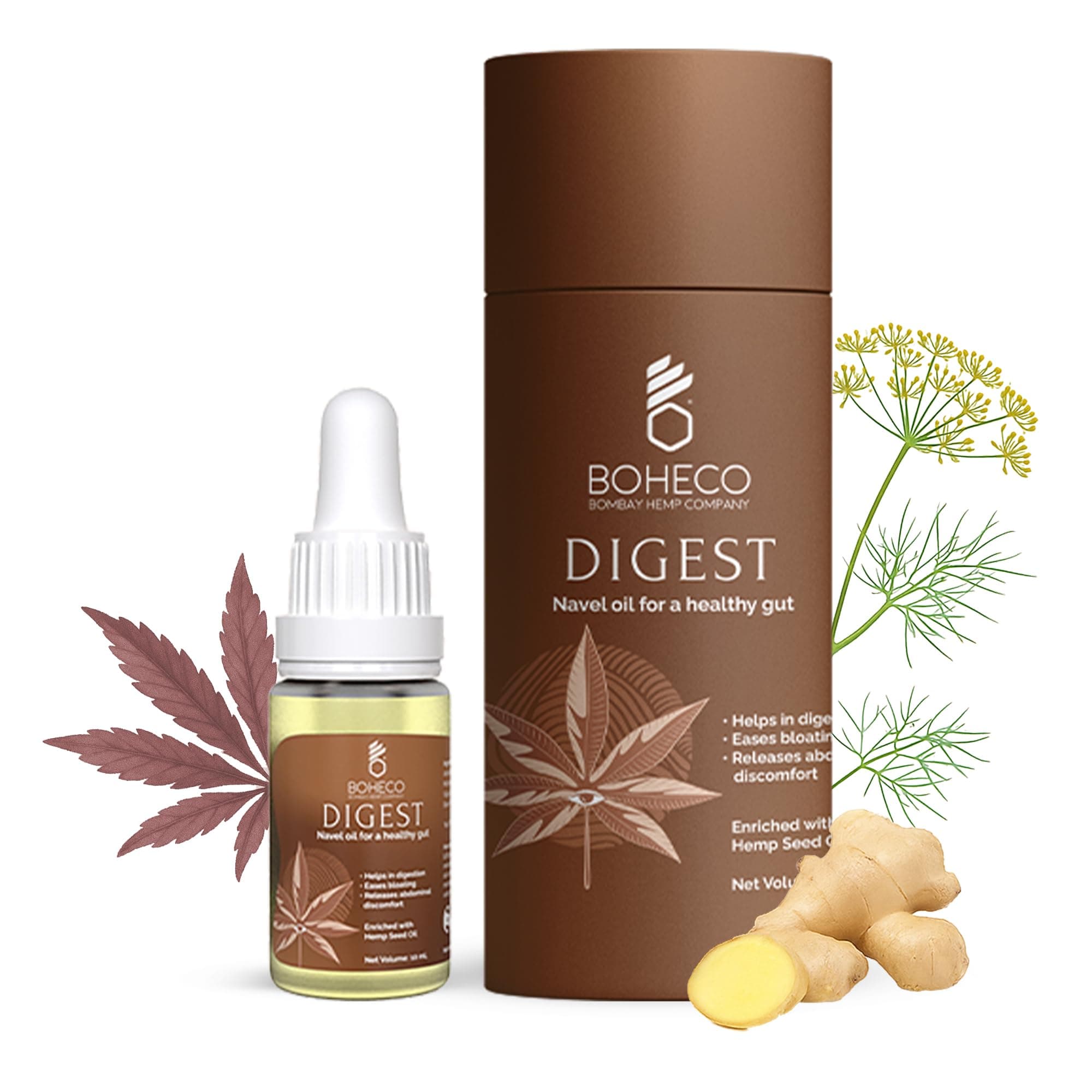 BOHECO DIGEST Navel Oil for Healthy Gut & Gastrointestinal Wellness, Improves Digestion, Eases Bloating, Ayurvedic Formula with Cold-Pressed Hemp Seed, 10ml