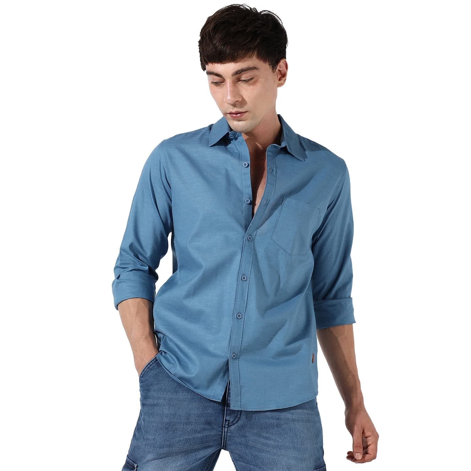 Campus Sutra Men's Solid Denim Blue Button Up Regular Fit Shirt for Casual Wear | Cotton Spread Collar Shirt Crafted with Regular Sleeve, Comfort Fit & High-Performance for Everyday Wear (Size:S)