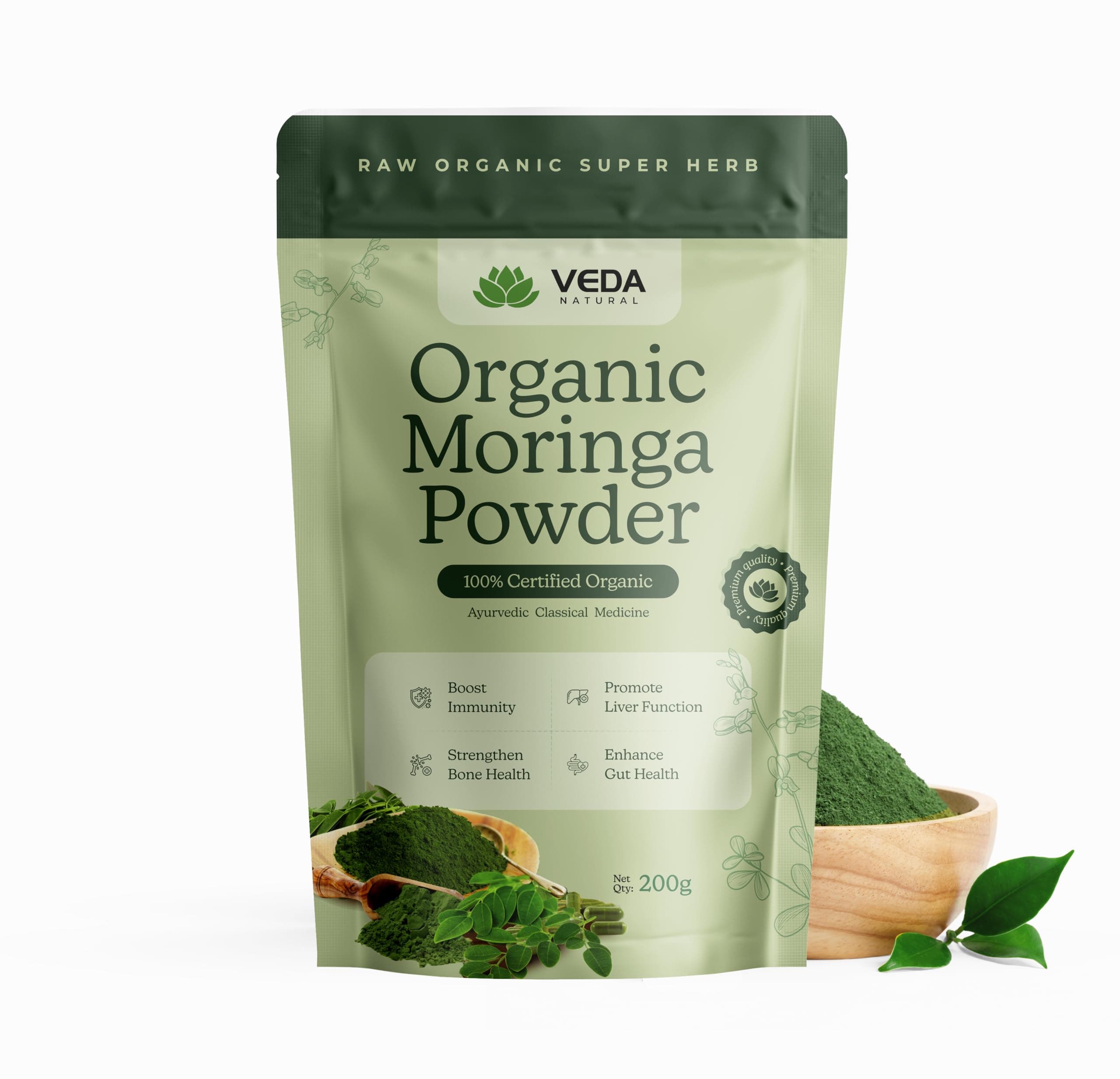 Veda Natural Premium Organic Moringa Powder - USDA Certified | Vegan Superfood | Moringa Powder for Immunity, Digestion & Energy - 200g