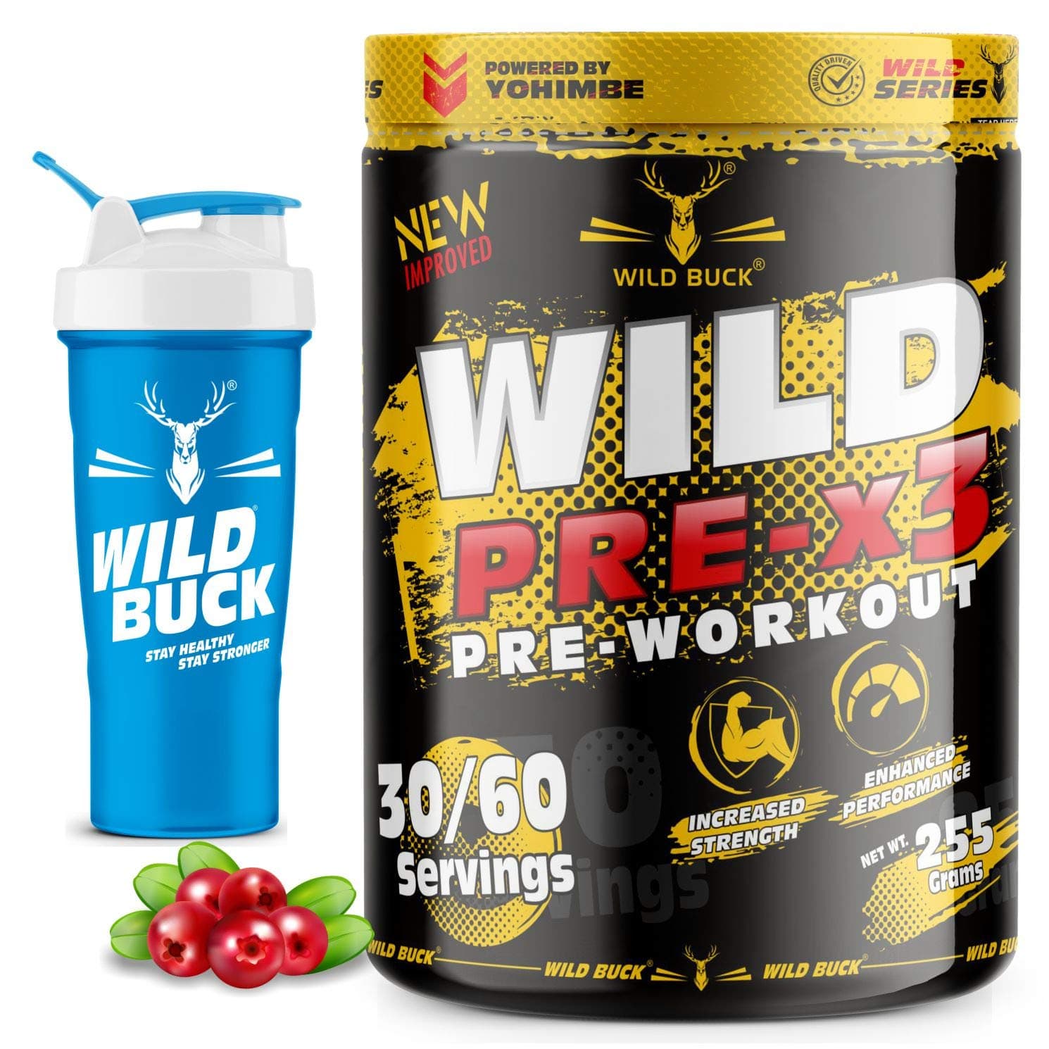 WILD BUCK Wild Pre-X3 Hardcore Pre-Workout Supplement With Creatine Monohydrate,Arginine Aakg,Beta-Alanine,Pump -For Men & Women [30-60 Servings,Cranberry,255 G] Free Shaker,Powder,2 Count