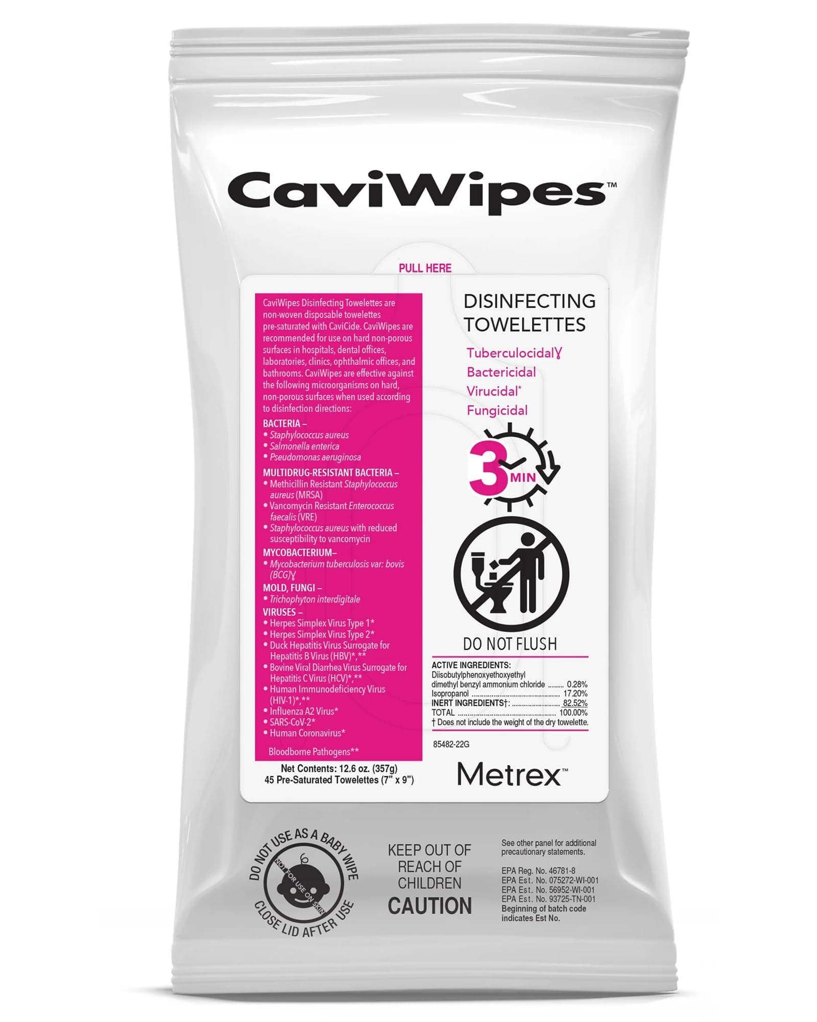 Metrex 13-1224 CaviWipes Surface Disinfectant Towelette Wipe, 7" Width, 9" Length (Pack of 45)