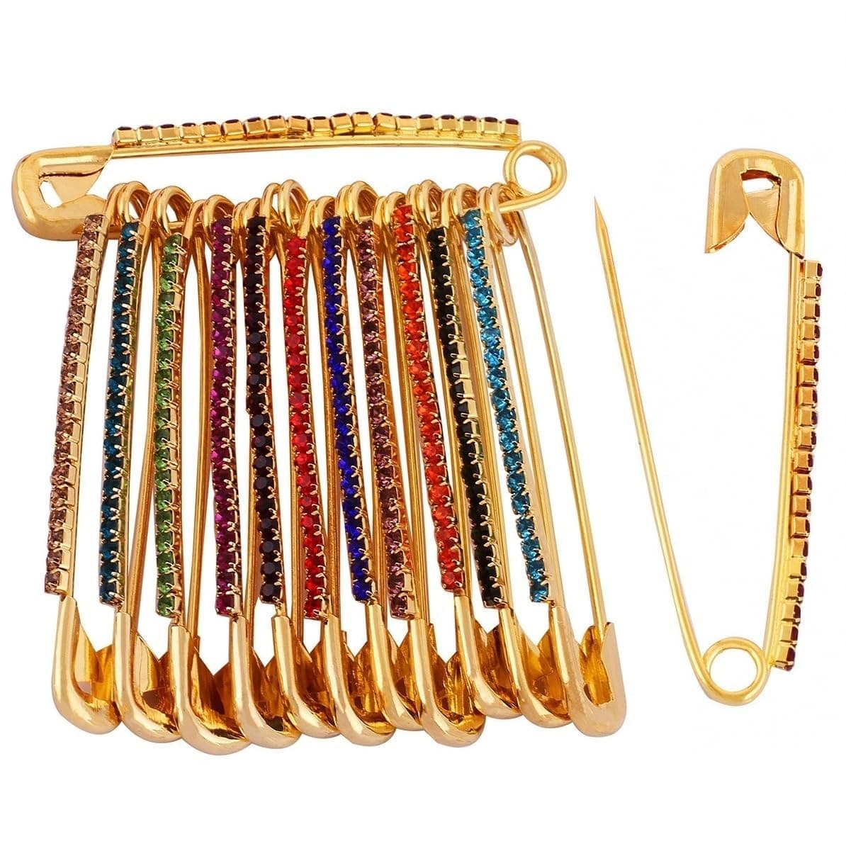 VAMA Fashions Gold Plated Multi Colour Rhinestone Big Safety Saree Dress Kurtis Pins Pallu Dupatta Chunari Pleats Clip Pin for Women