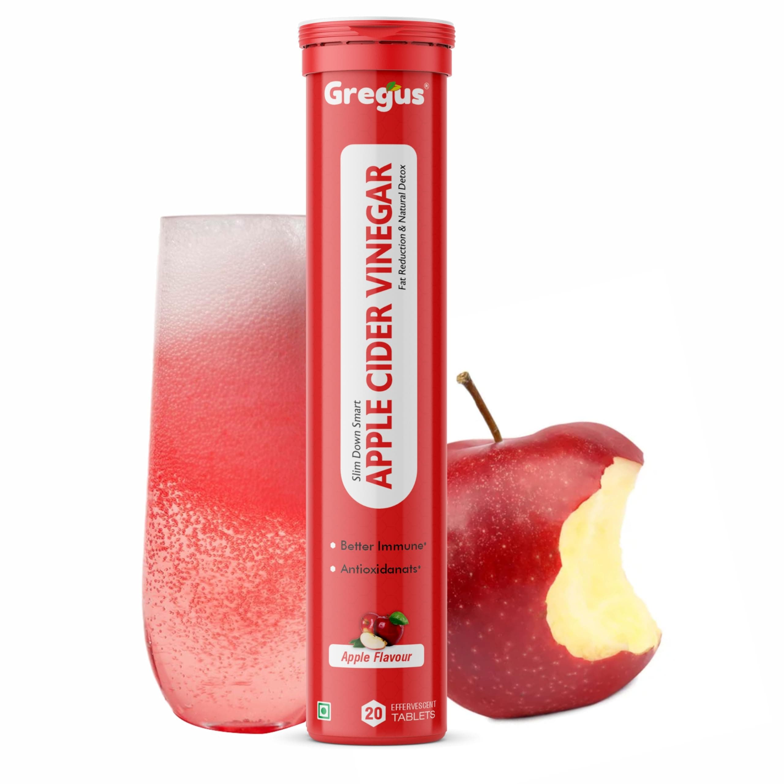 Gregus Apple Cider Vinegar Effervescent Tablets | 500mg Apple Cider Vinegar with Pomegranate Extract, Vitamin C, Vitamin B6 & Vitamin B12 | Zero Sugar | Refreshing Wellness Drink | 20 Effervescent Tablets