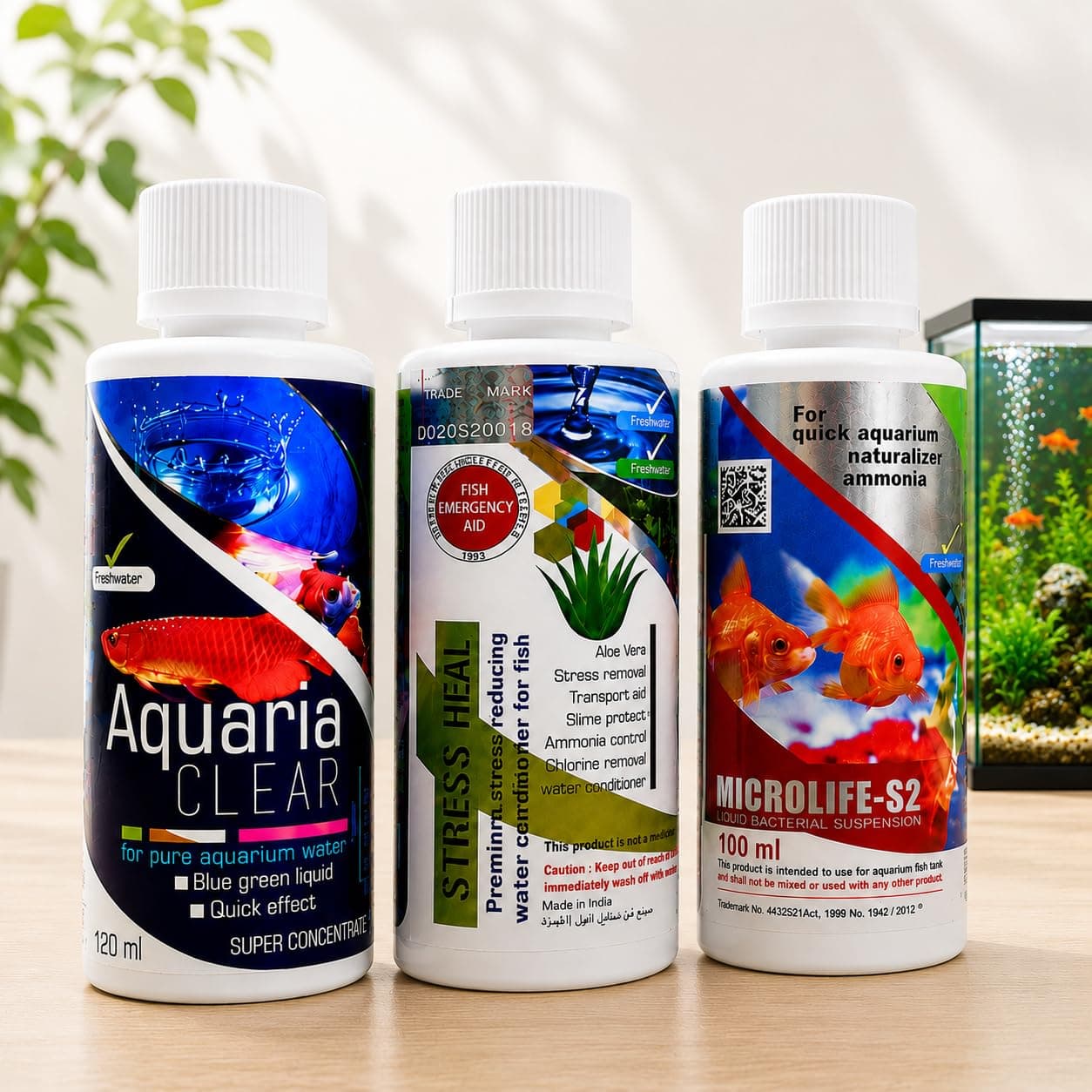 VAYINATO Aquatic Remedies Aquarium Fish Tank Must Have Starter Combo (Stress Heal + Aquaria Clear + Microlife S2) 3 * 100 Ml - 3 Pcs Combo Starter Pack