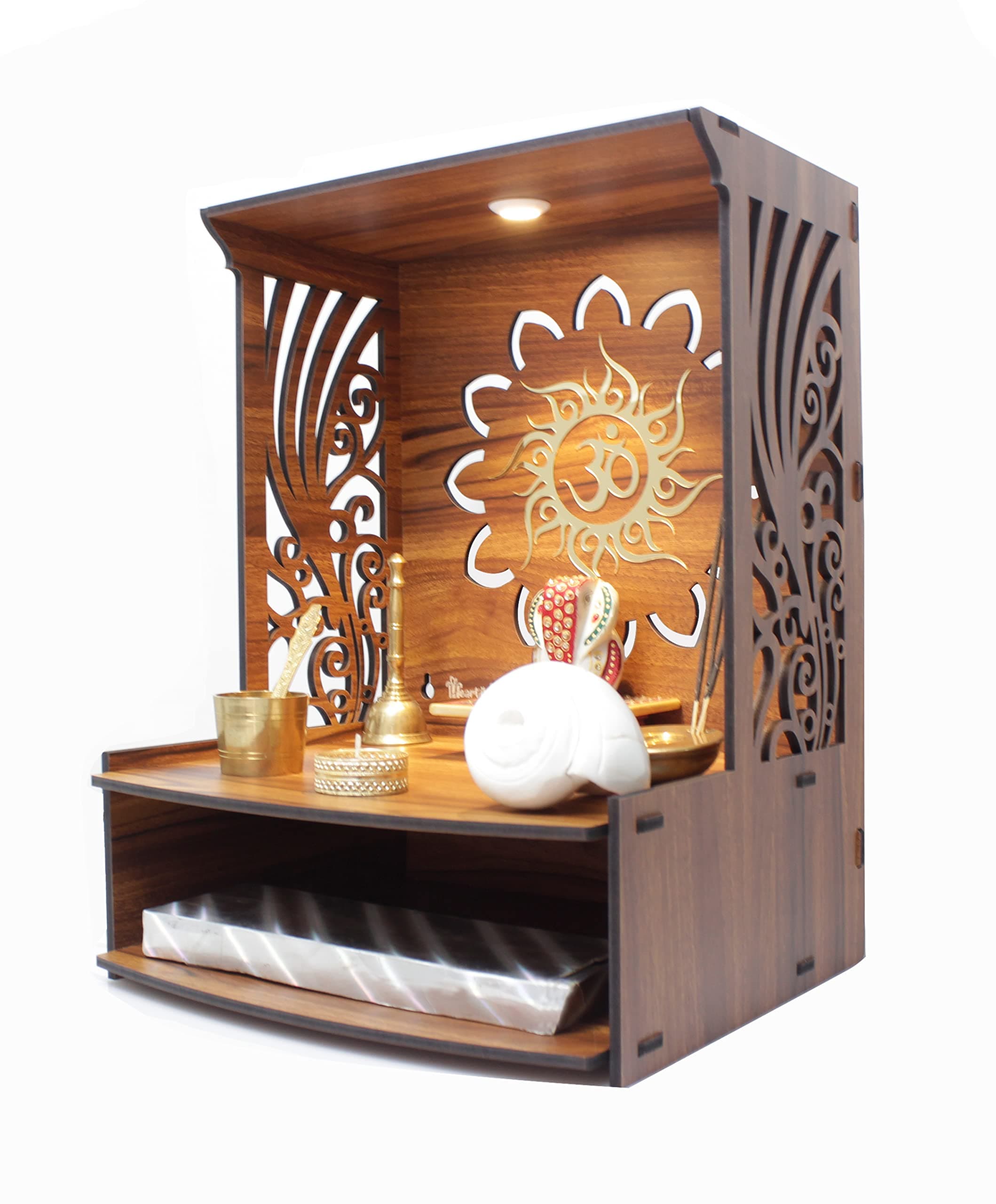 Heartily® Laabh Beautiful Wooden Pooja Stand for Home Temple and Office Puja Mandir - Wall Mounted with LED Spot Light - Size (H- 15.5, L- 11.5, W-11 in)