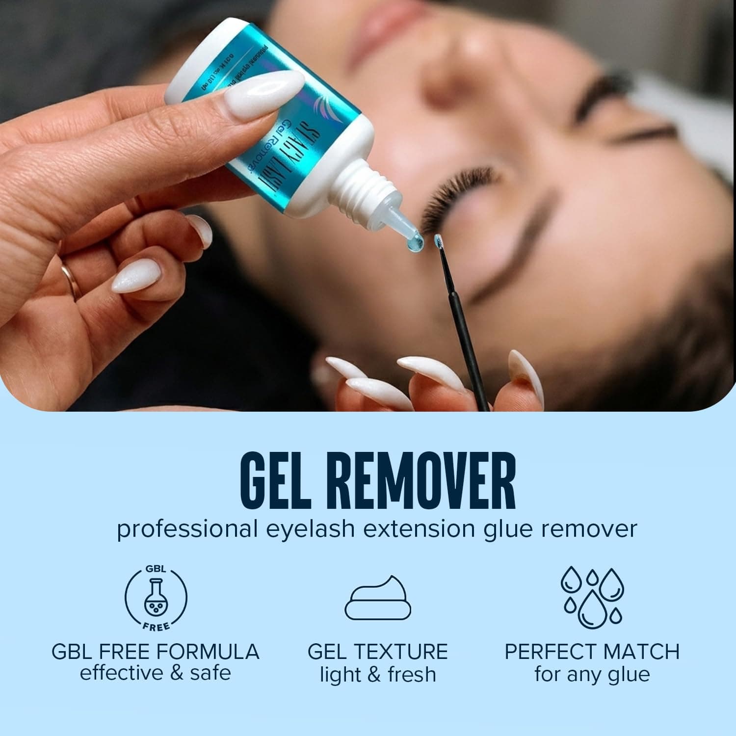 GEL REMOVER for Eyelash Extension Glue Stacy Lash 15 ml / Fast Lash Adhesive Dissolution time - 60 seconds / Aquamarine Color and Pleasant smell