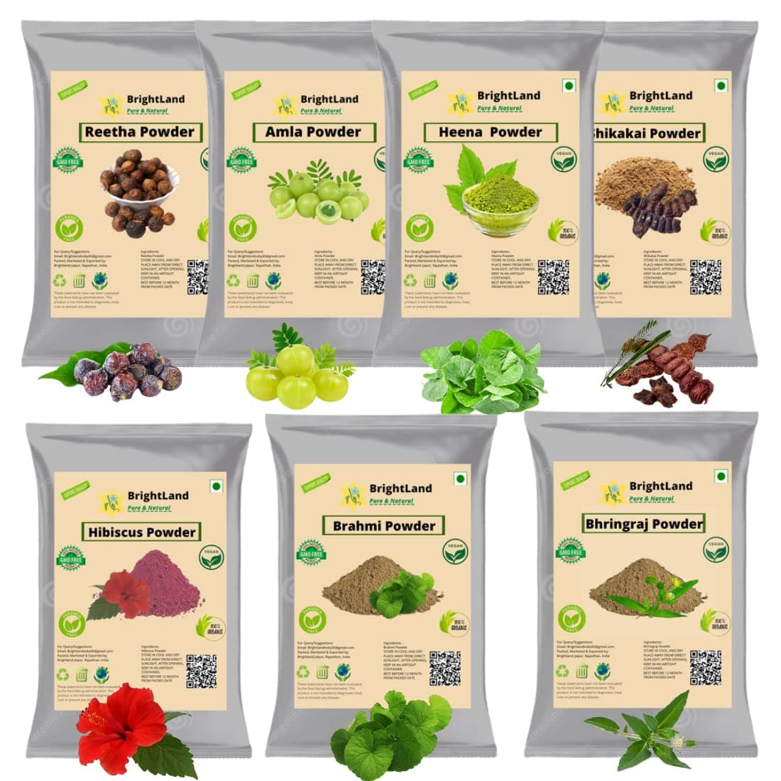 Brightland Bio Organic Amla Reetha Shikakai Hibiscus Bhringraj Heena Heena powder for Hair & Skin Care | Hair Growth & Natural Hair Shampoo | Anti-Dandruff | Hair Pack (50 gm Each) 350gm