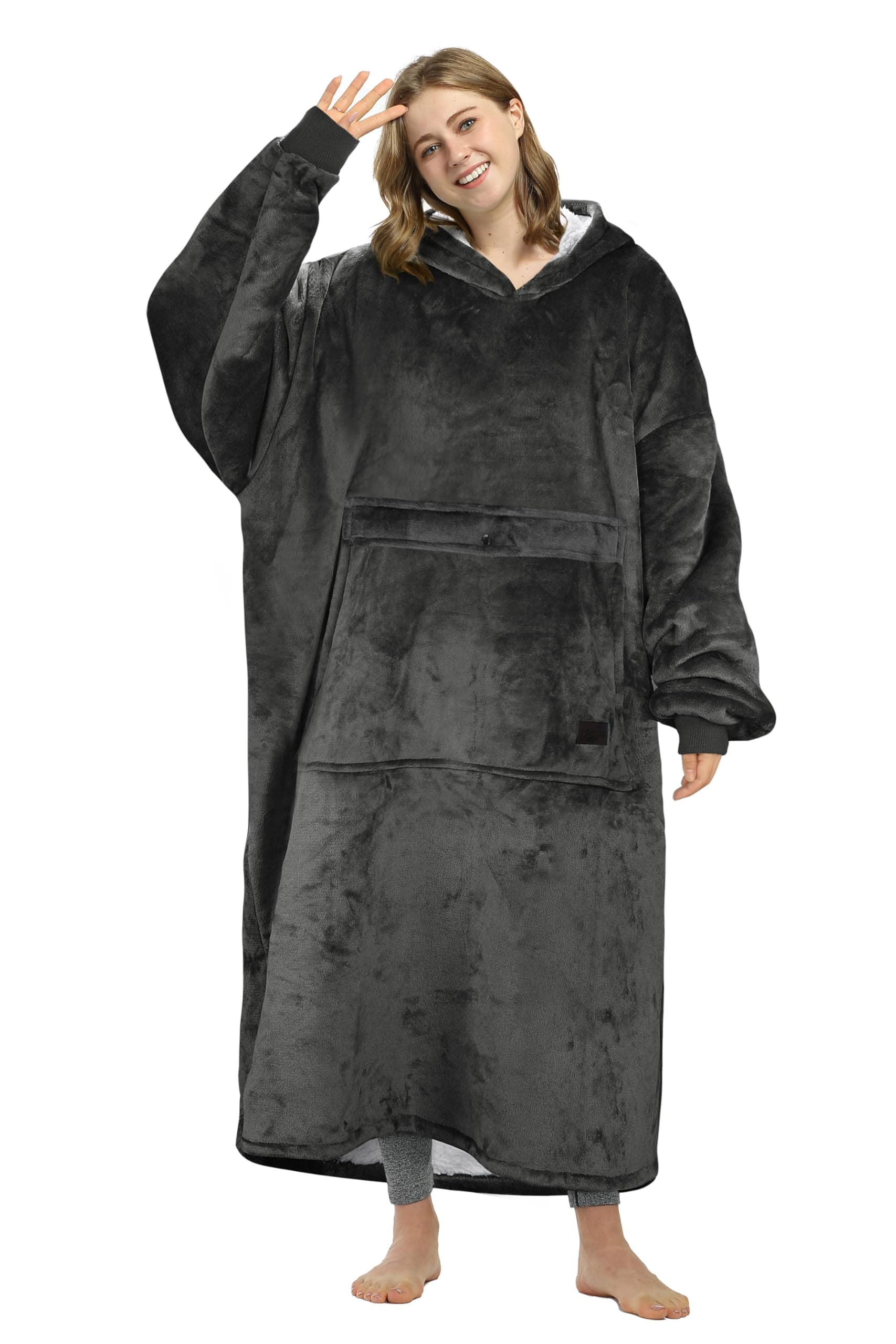 Catalonia Oversized Wearable Blanket Hoodie Sweatshirt for Adults, Black-Extra Long, Extra Long