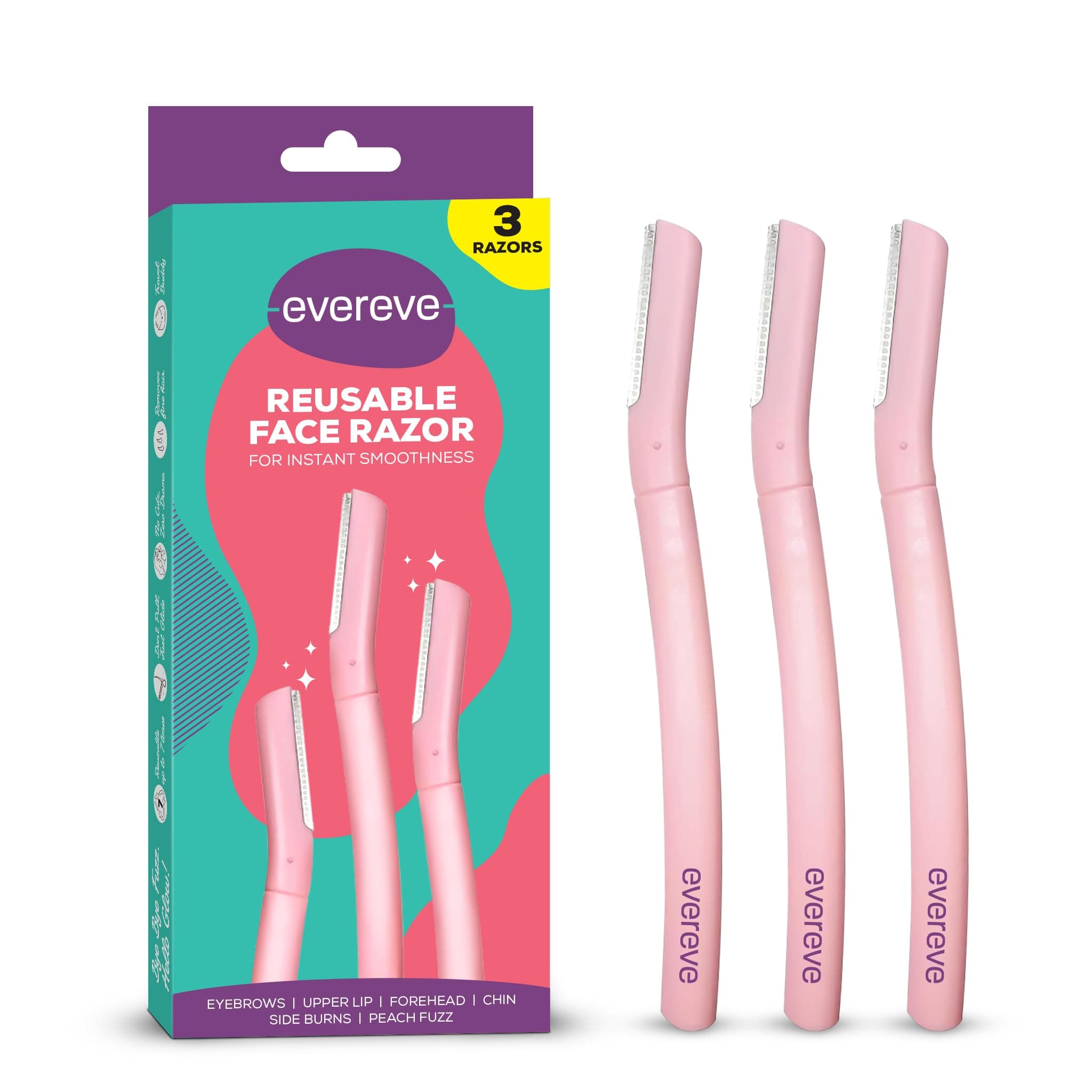 Evereve Reusable Face Razor for Women, Pack of 3, Instant Smooth and Painless Hair Removal, Ideal for Eyebrows, Upper Lip, Chin, Peach Fuzz, Forehead, Sideburns, Dermaplaning Tool, For All Skin Types