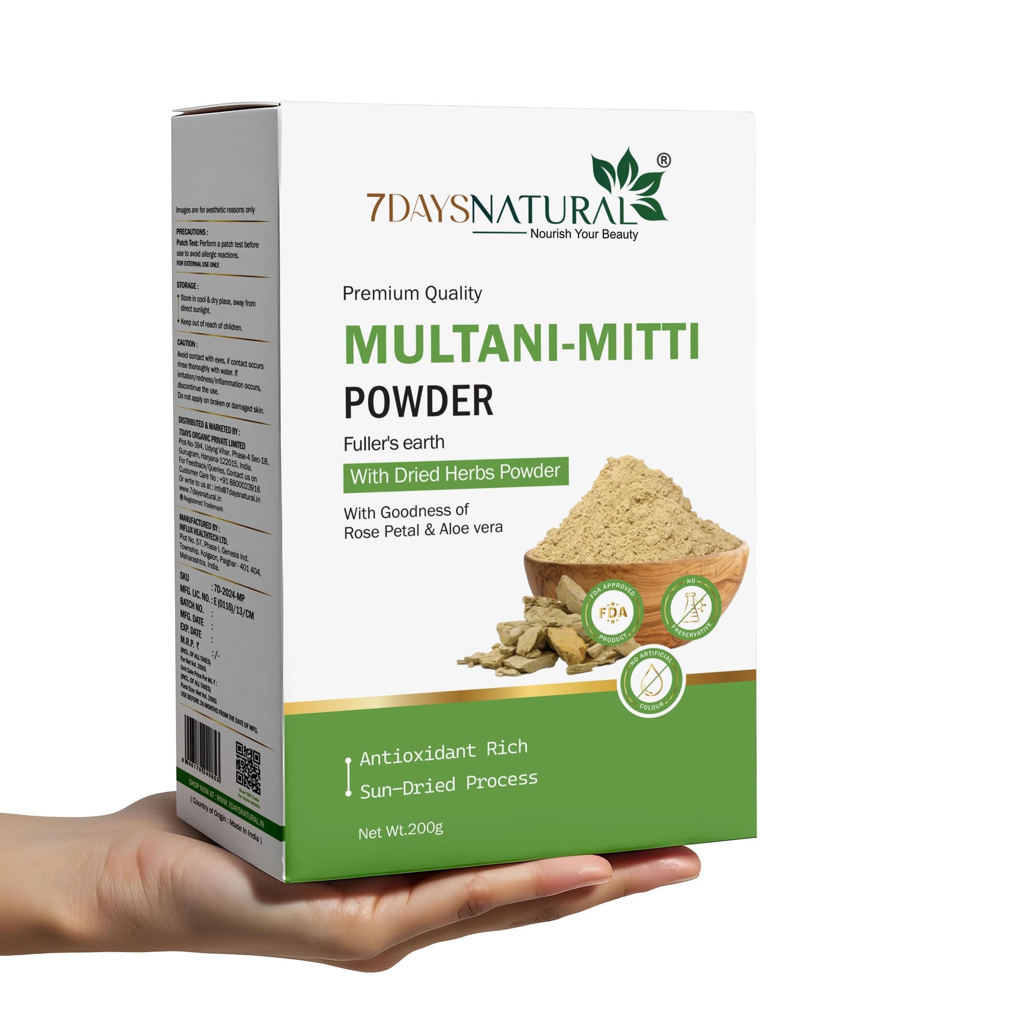 7DAYSNATURAL Multani Mitti Powder for Face | Natural Multani Mitti for Face With Rose Petal & Aloe Vera | For Glowing & Clarified Skin (200 Gm)
