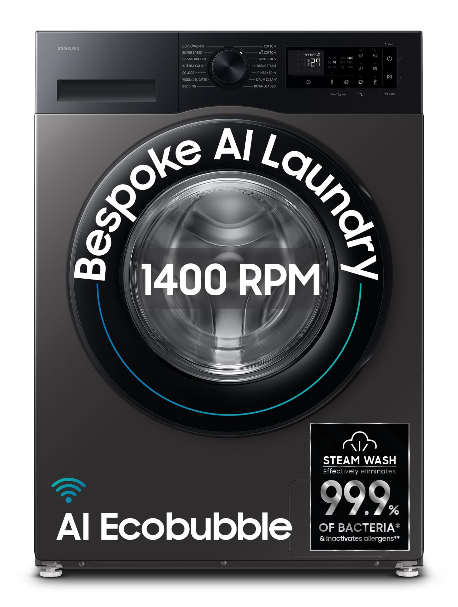 Samsung 9 kg, 5 star, AI EcoBubble, Super Speed, Wi-Fi, Hygiene Steam with Inbuilt Heater, Digital Inverter, Fully-Automatic Front Load Washing Machine (WW90DG5U24AXTL, Inox)