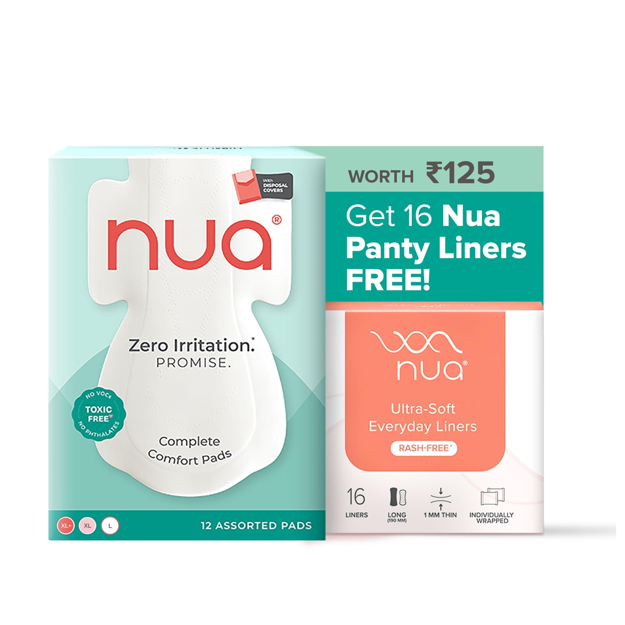 Nua Complete Comfort Sanitary Pads Combo | 12 Pads for Day (3XL+, 5XL, 4L) + 16 Free Panty Liners | Zero Irritation | 4x Comfort Ultra-Thin & Breathable | 100% Toxin-Free | Disposal Covers Included | Liners for Discharge, Spotting & Tampon Backup