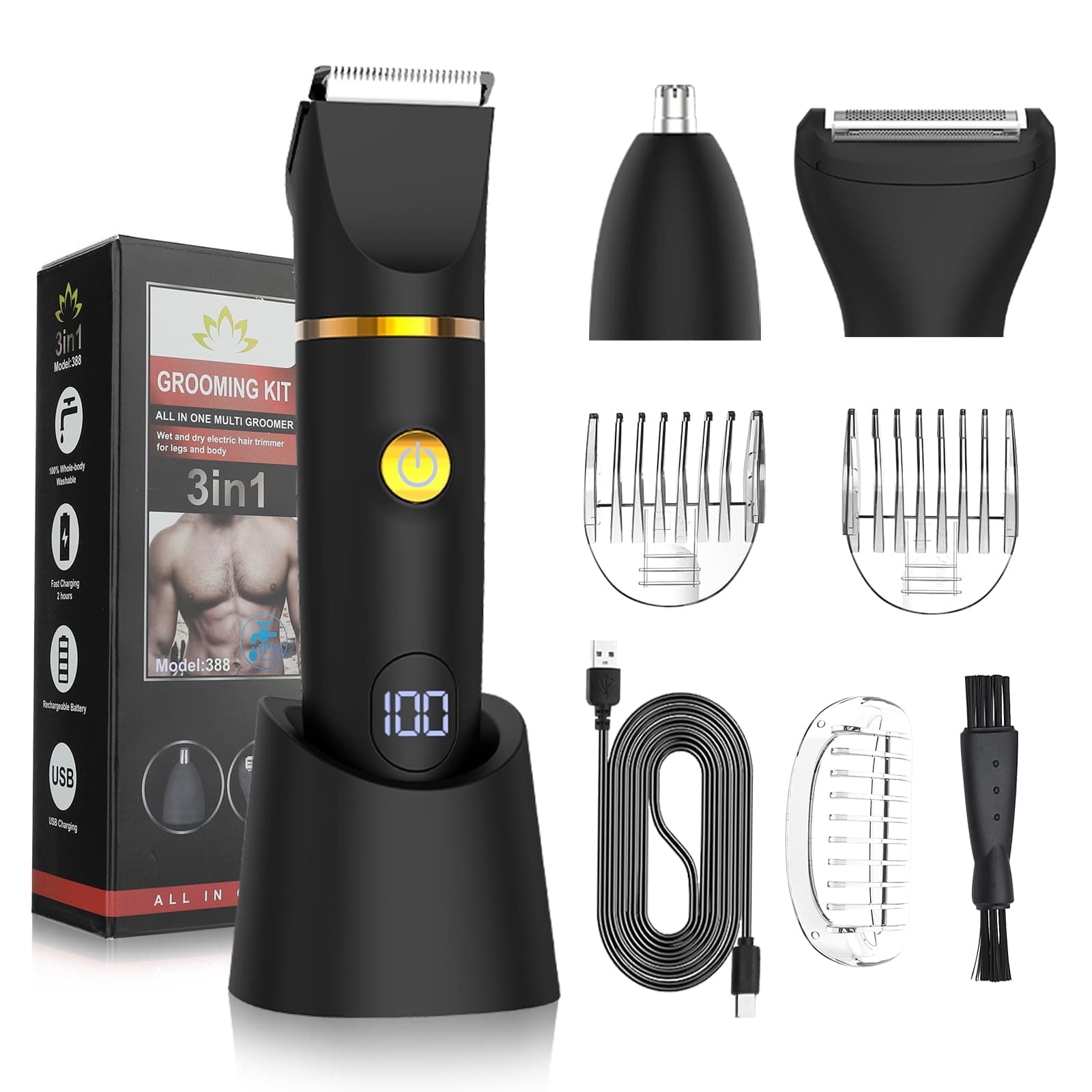 Qreeyx Manscape Body Trimmer for Men, 3 in 1 Men's Grooming Kit with Pubic/Nose Hair Trimmer & Ball Shaver for Nose/Balls/Groin/Legs/Chest Hair Removal, LED Display, IPX6 Waterproof, Gifts for Him Dad